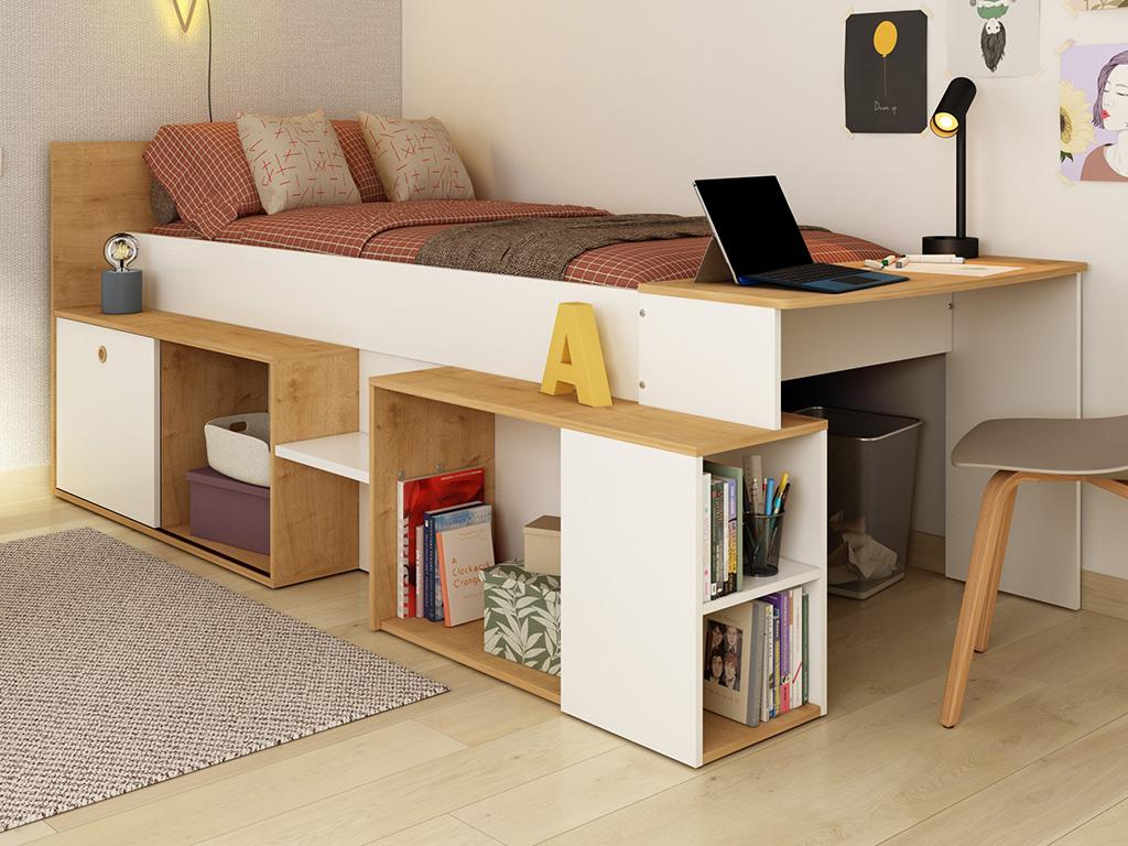 Letto combinato 90 x 200 cm con scrivania e scomparti colore Bianco e Naturale PEDRO