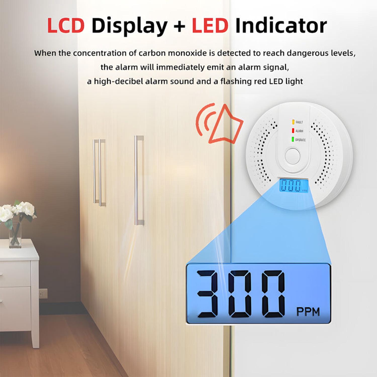 Lot de 2 détecteurs de monoxyde de carbone à piles avec écran LCD numérique pour maison, cuisine, restaurant, hôtel, bureau - Piles non incluses - 2