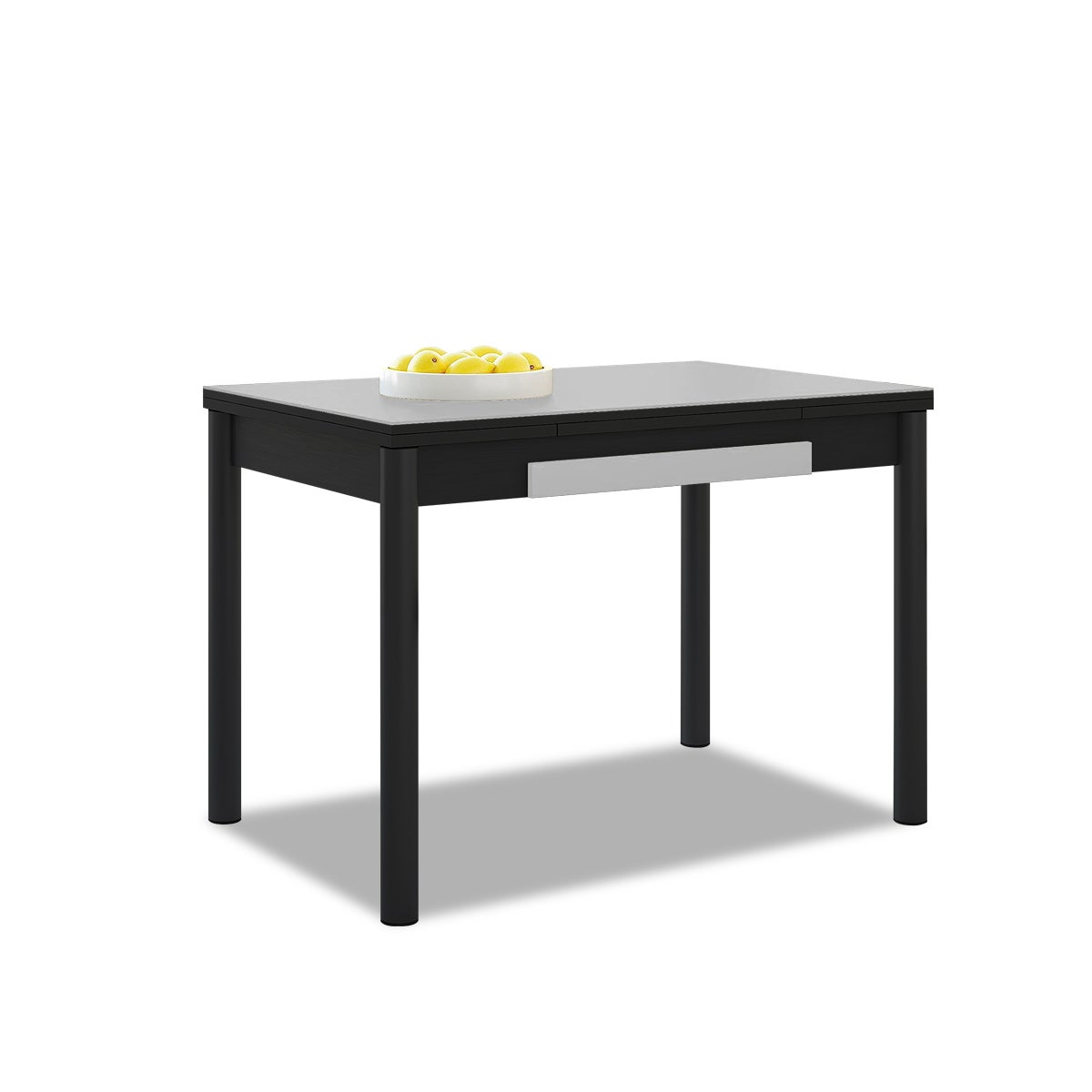 Mesa de cocina extensible con alas de cristal - estructura negra tapa laminada color gris - medidas de la mesa: 90-140 x 50 cm