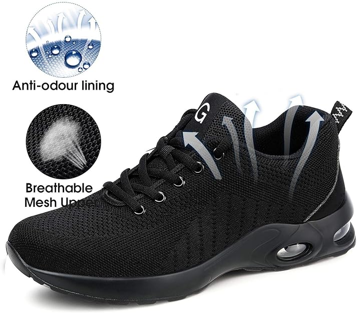 Chaussures de sécurité à coussin d'air pour hommes et femmes, baskets légères, antidérapantes, respirantes, bout en acier, noires, taille 43 - 5