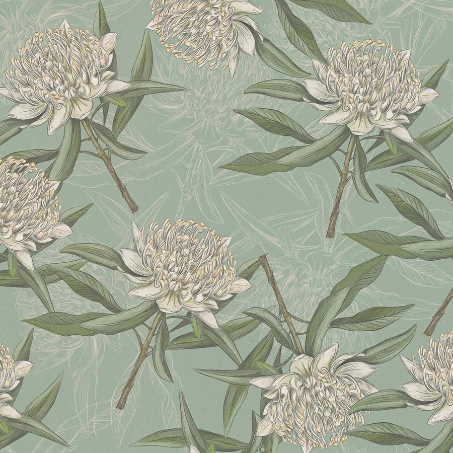 Papier peint intissé sur fond bleu Tapisserie à fleurs blanches style ...