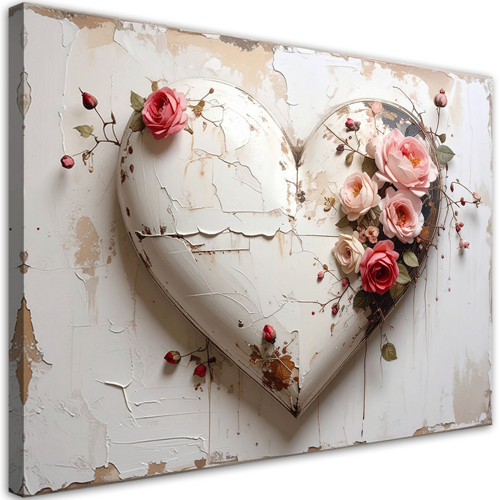 Obraz do salonu sypialni, 3D Serce miłość kwiat róży w stylu shabby chic 60x40