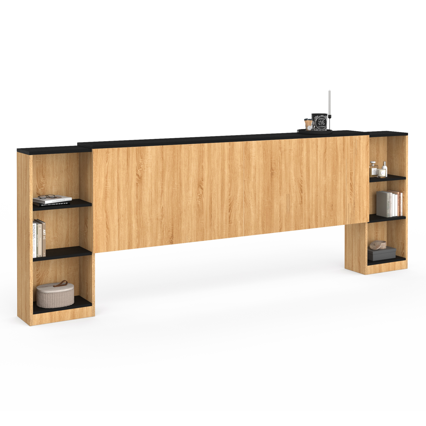 Tête de lit sur pied extensible avec chevets coulissants CATBA pour lit 140 et 160 cm façon bois et noir - 2