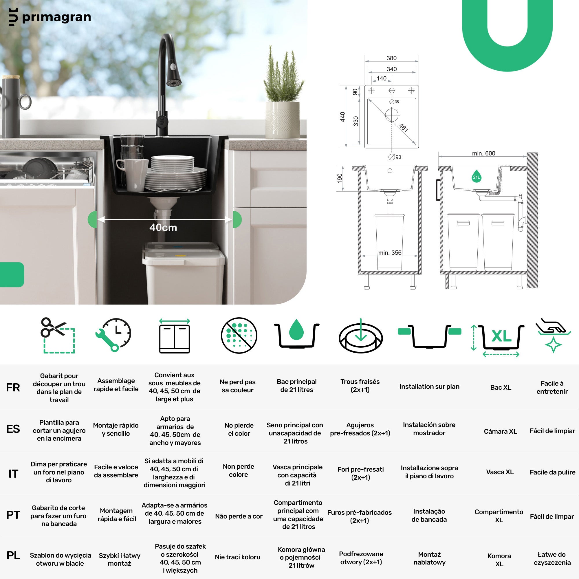 Lavandino da Cucina Nero 38x44cm, Lavello in Granito a 1 vasca + Sifone Classico + Accessori, Lavabo da Cucina Incasso al mobile 40cm PRIMAGRAN - 5