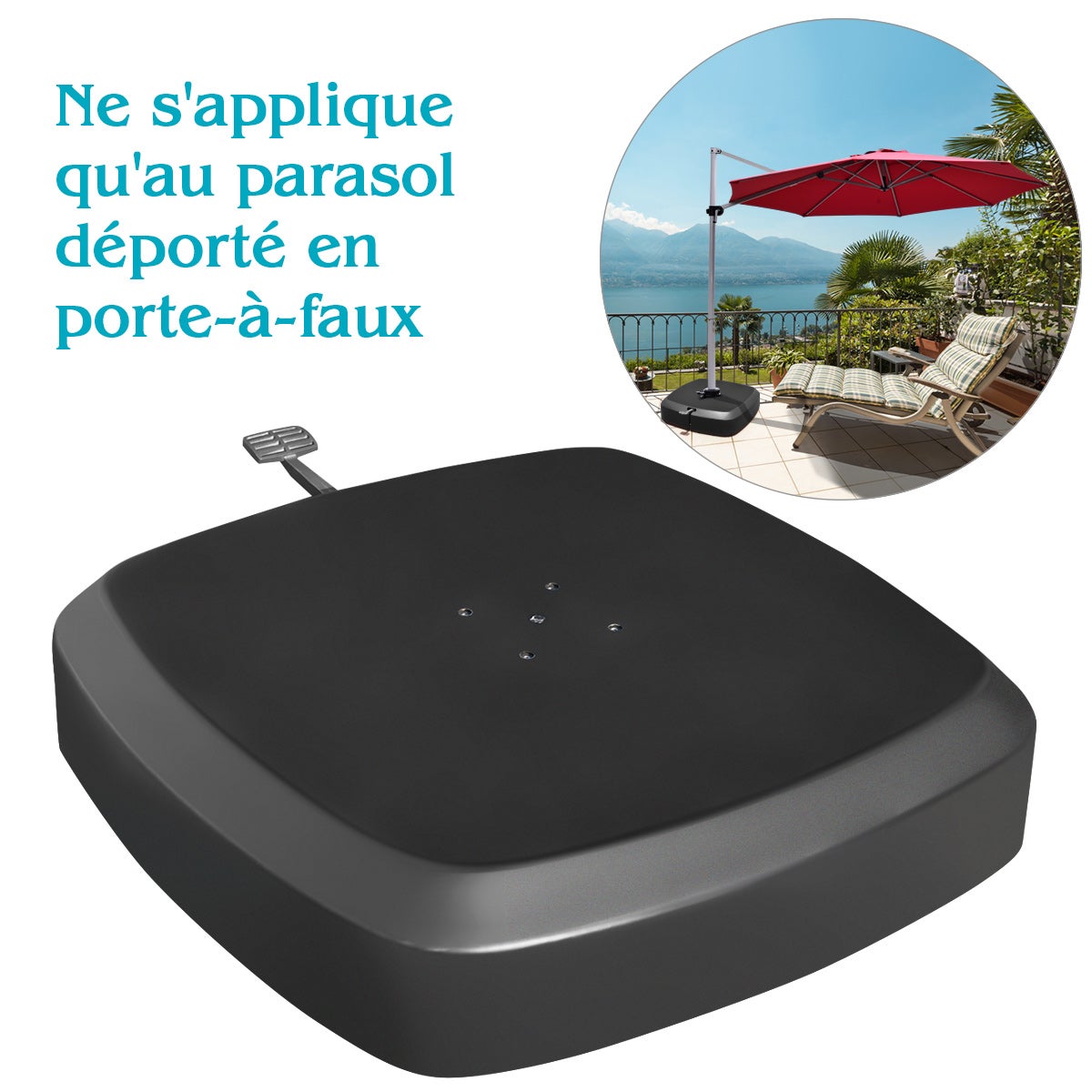 Pied Parasol avec Roulettes, Dalle Parasol Déporté avec Pédale de Commande, Rempli 150 kg Sable Humide/100 kg Eau, Base Portable pour Jardin, Noir - 9