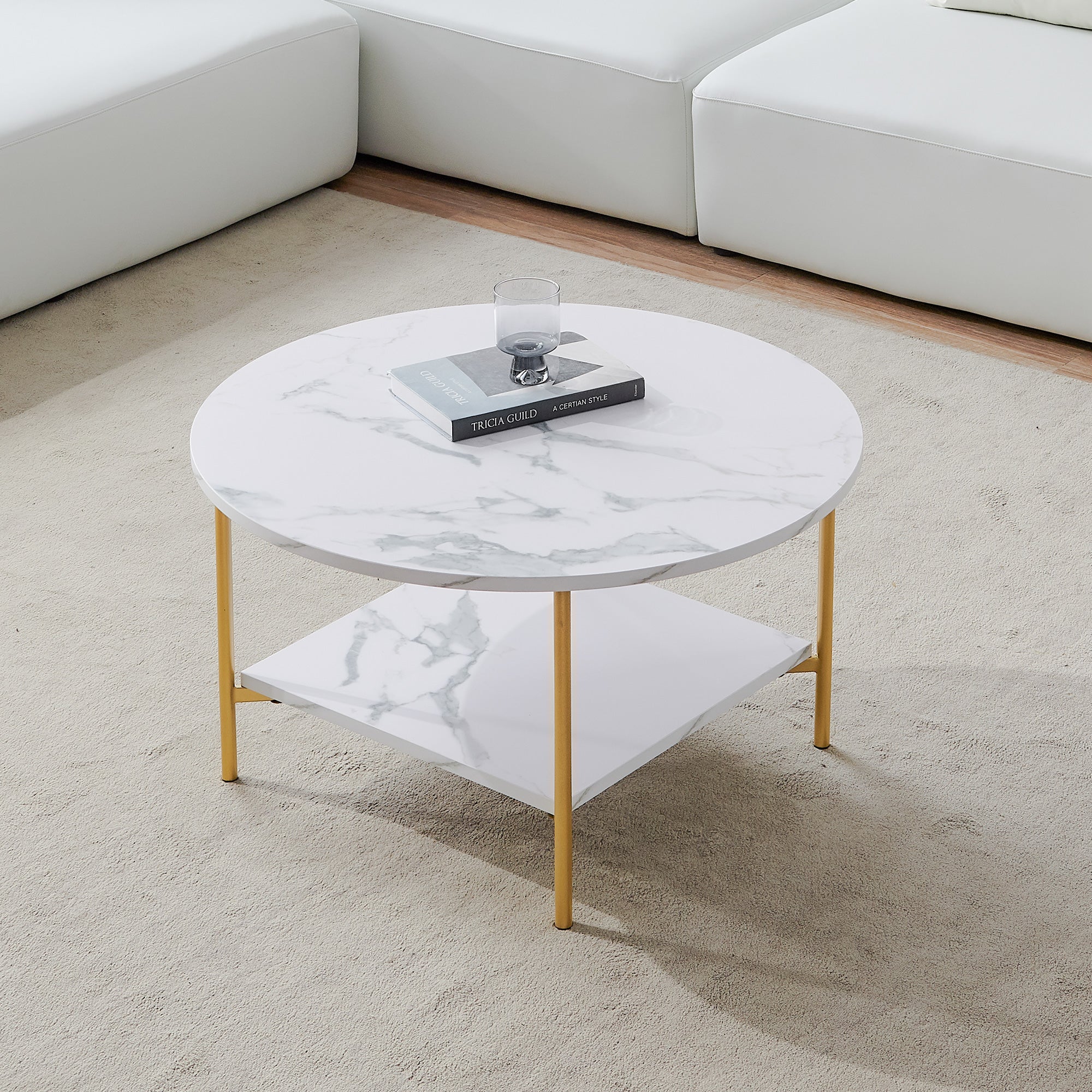 Table basse ronde moderne avec rangement, cadre en métal doré avec ...