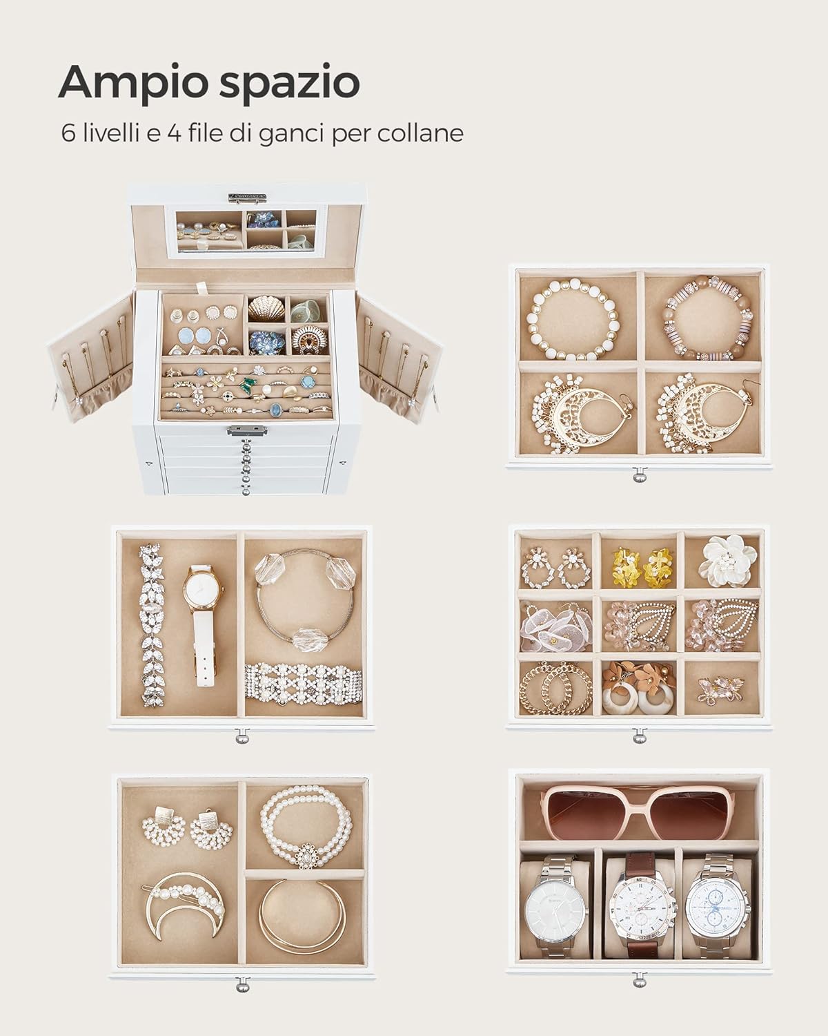 Scatola Portagioie 6 livelli, 5 cassetti, specchio interno, chiusura a chiave, idea regalo, per orologi, bianco, Regalo Natale - 3