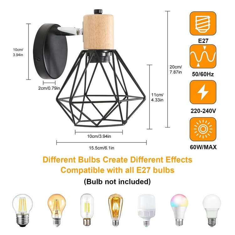 Aplique de pared industrial negro giratorio 360°, lámpara vintage E27, diseño ajustable y decorativo, estilo loft retro - 1pcs - 2