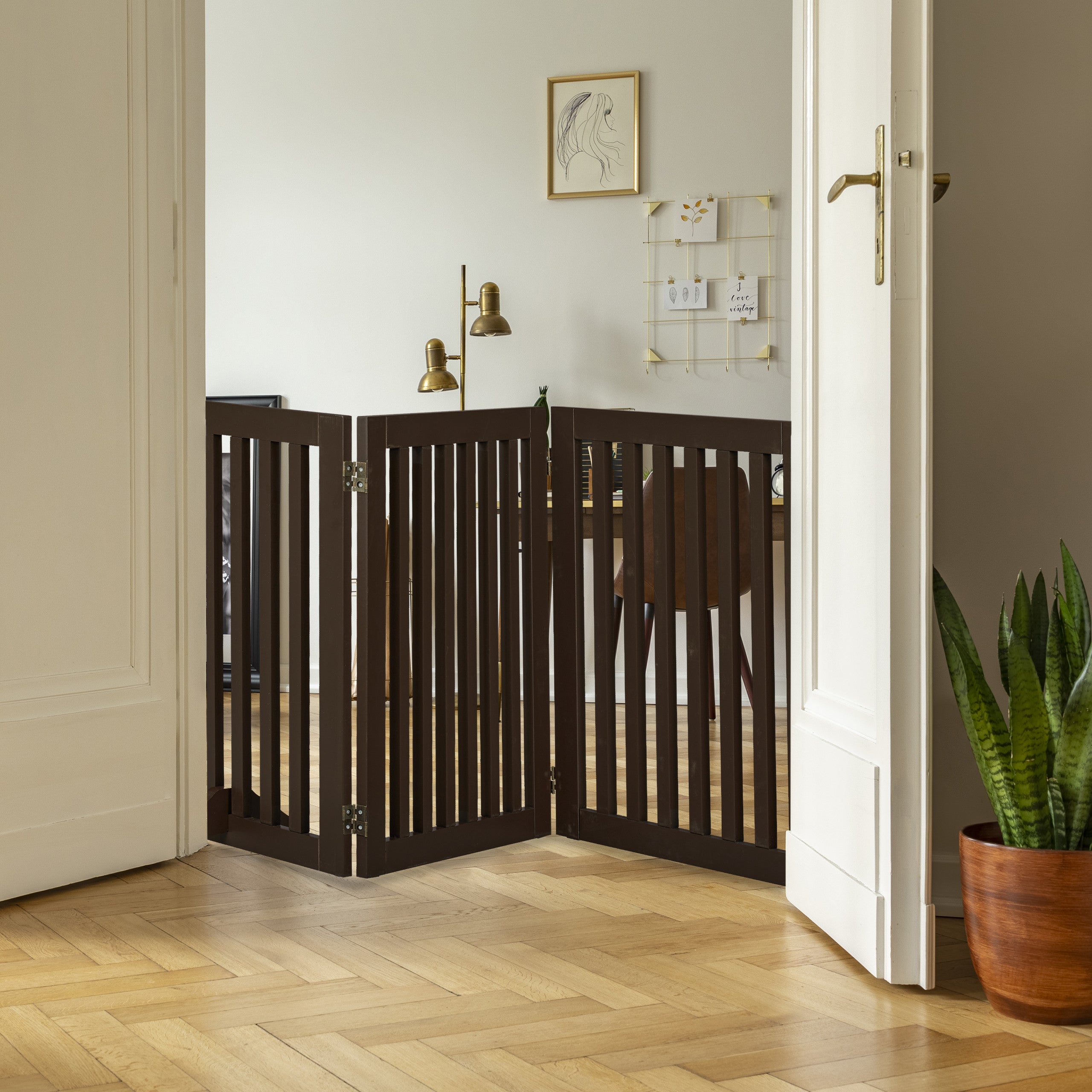 Barrière de sécurité pour chiens à 4 panneaux, pliable et autoportante, 70 x 206 cm, avec pieds, MDF marron, Relaxdays - 2