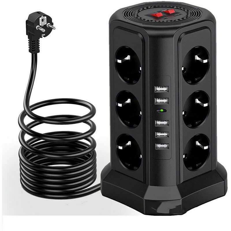Listwa zasilająca ochronna - Listwa zasilająca z 5 portami USB i 12 gniazdami, 3 przełączniki - Czarna