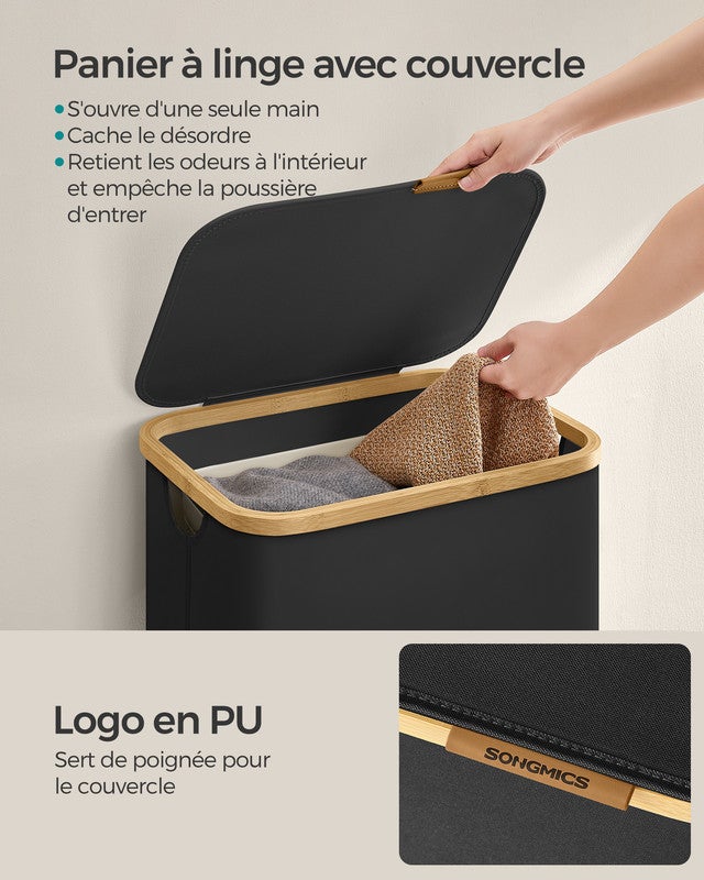 Panier à Linge Mince avec Couvercle, 90L, Doublure en Maille Amovible, Poignées en Bambou, Pliable, 42 x 32 x 70,5 cm, Noir d'Encre - 4