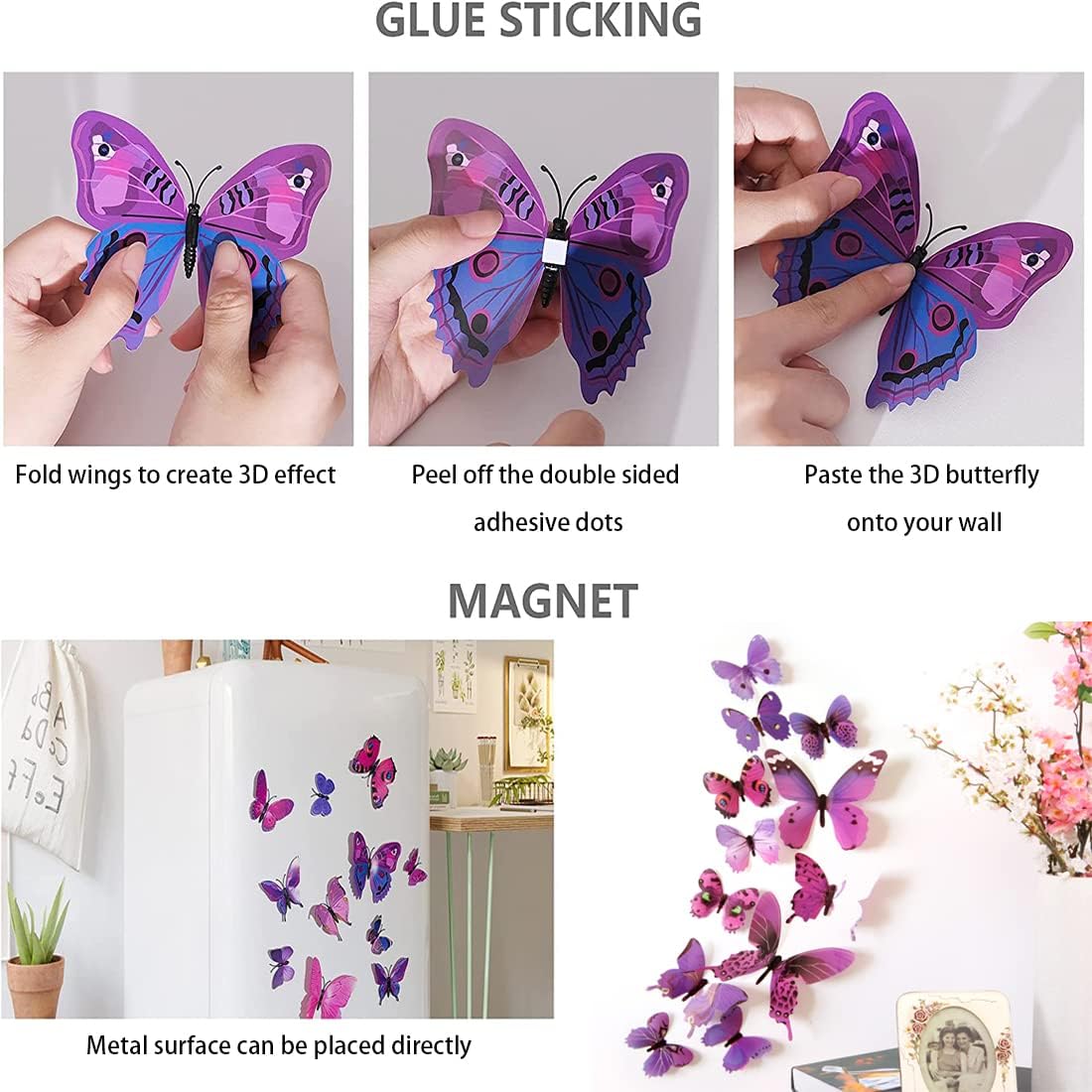 Autocollants Muraux 3D Papillons Métalliques, Lot De 48, 4 Styles, 3 Tailles, Amovibles