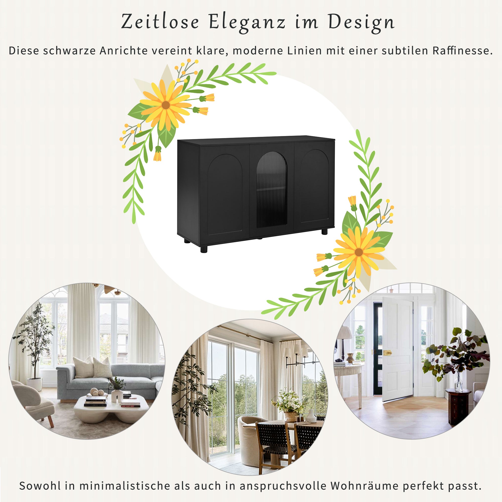 Buffet bas avec 3 portes - 120 x 40 x 78.5 cm - MDF + panneau de particules - pour salle à manger - Noir - 5