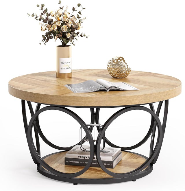 Tribesigns 80cm tavolino rotondo per il soggiorno, tavolini da salotto di grandi dimensioni con 2 livelli di stoccaggio, Brown