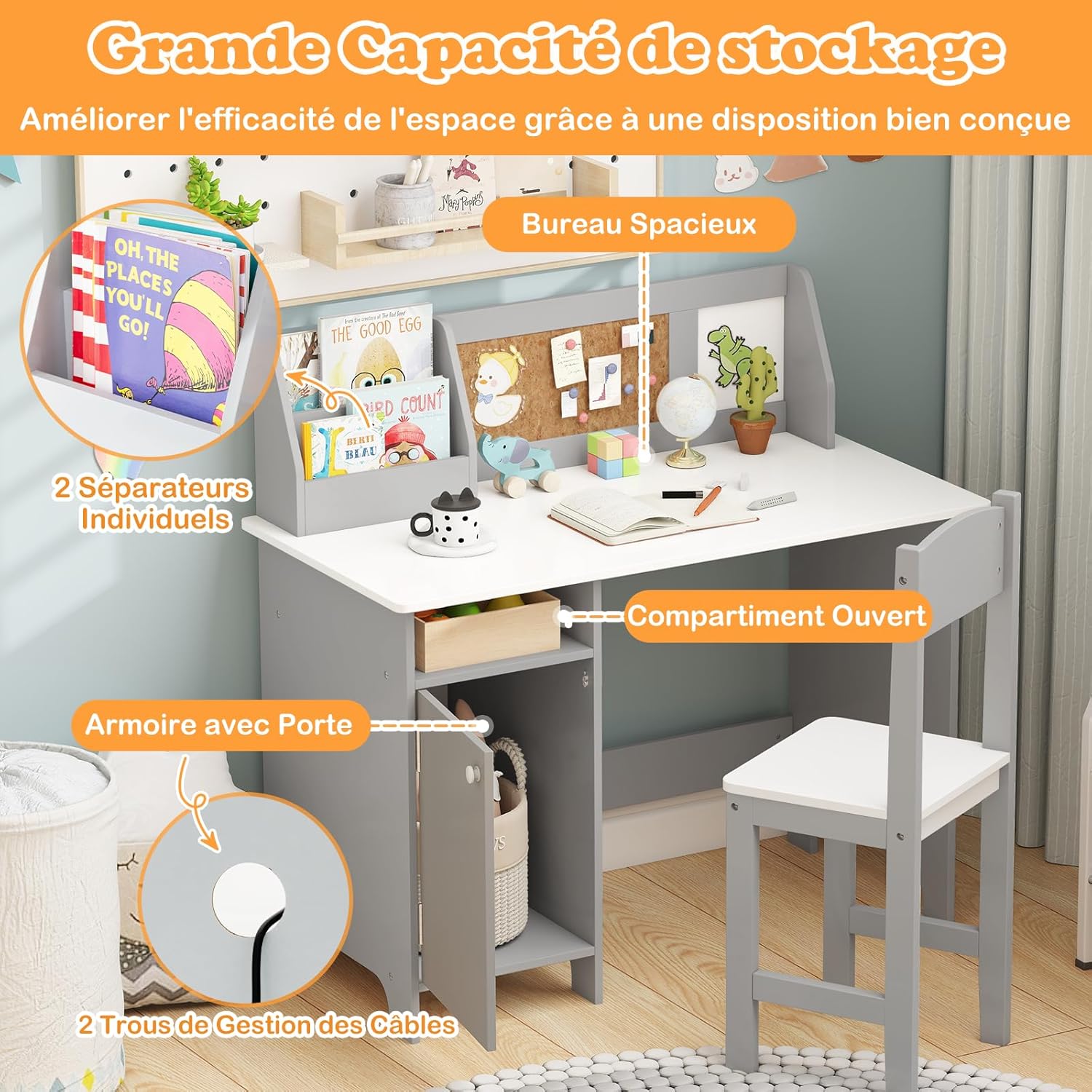 Bureau Enfant avec Chaise, Table d'Étude avec Tableau Blanc et Marqueur, Bureau Enfant 3+ Ans avec Rangement pour Maison, École, Charge 90 (Gris) - 5