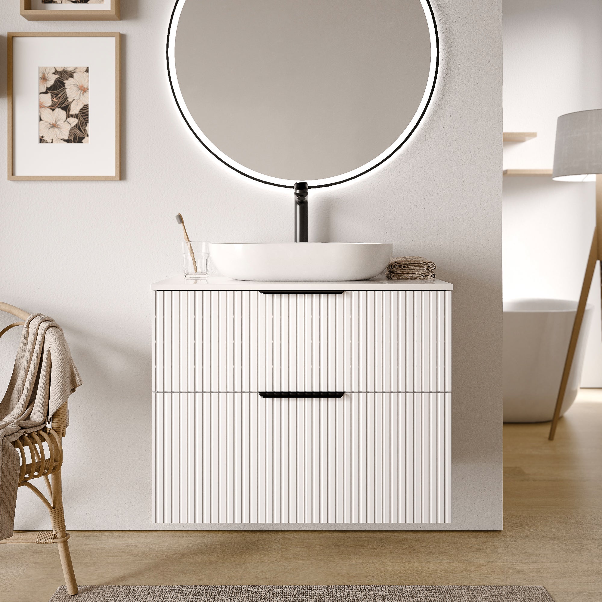 Bernstein - mueble lavabo suspendido mdf blanco mate estriado 80x46x62cm, encimera de lavabo blanco mate + tirador cromado - tim80