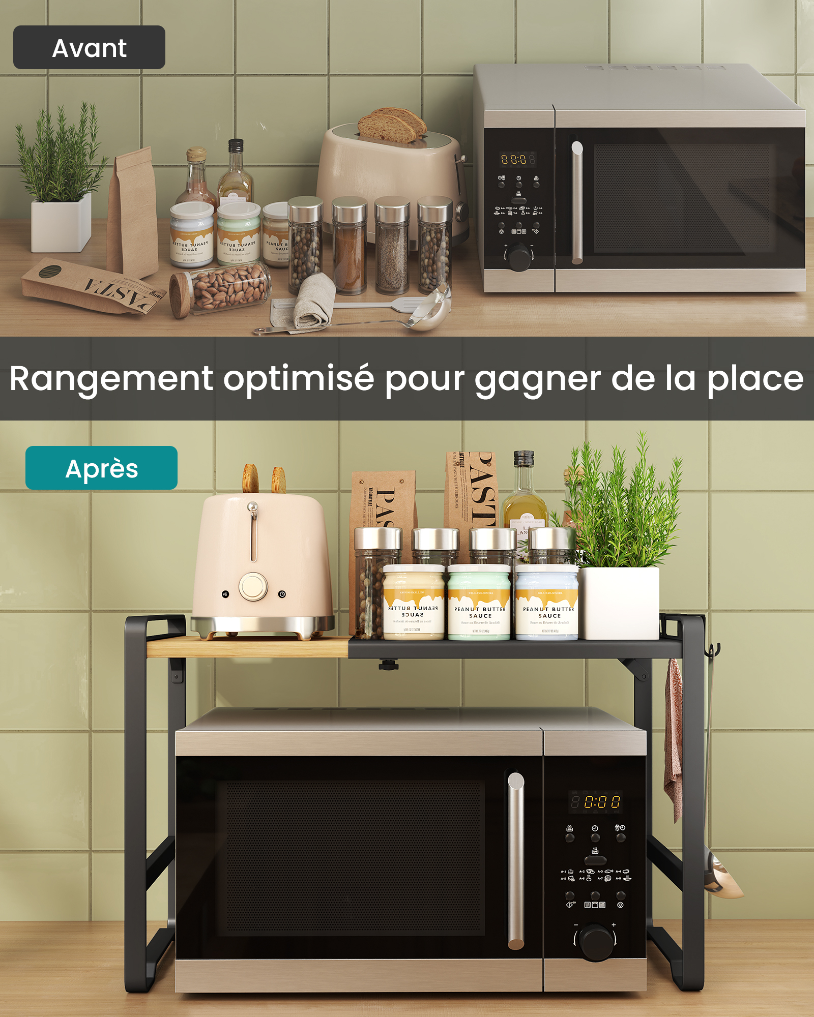 Étagère pour Micro-ondes, Extensible, Support pour Mini Four, Largeur Réglable de 41,5 à 64 cm, Acier et Bambou, 4 Crochets, Noir et Bambou - 7
