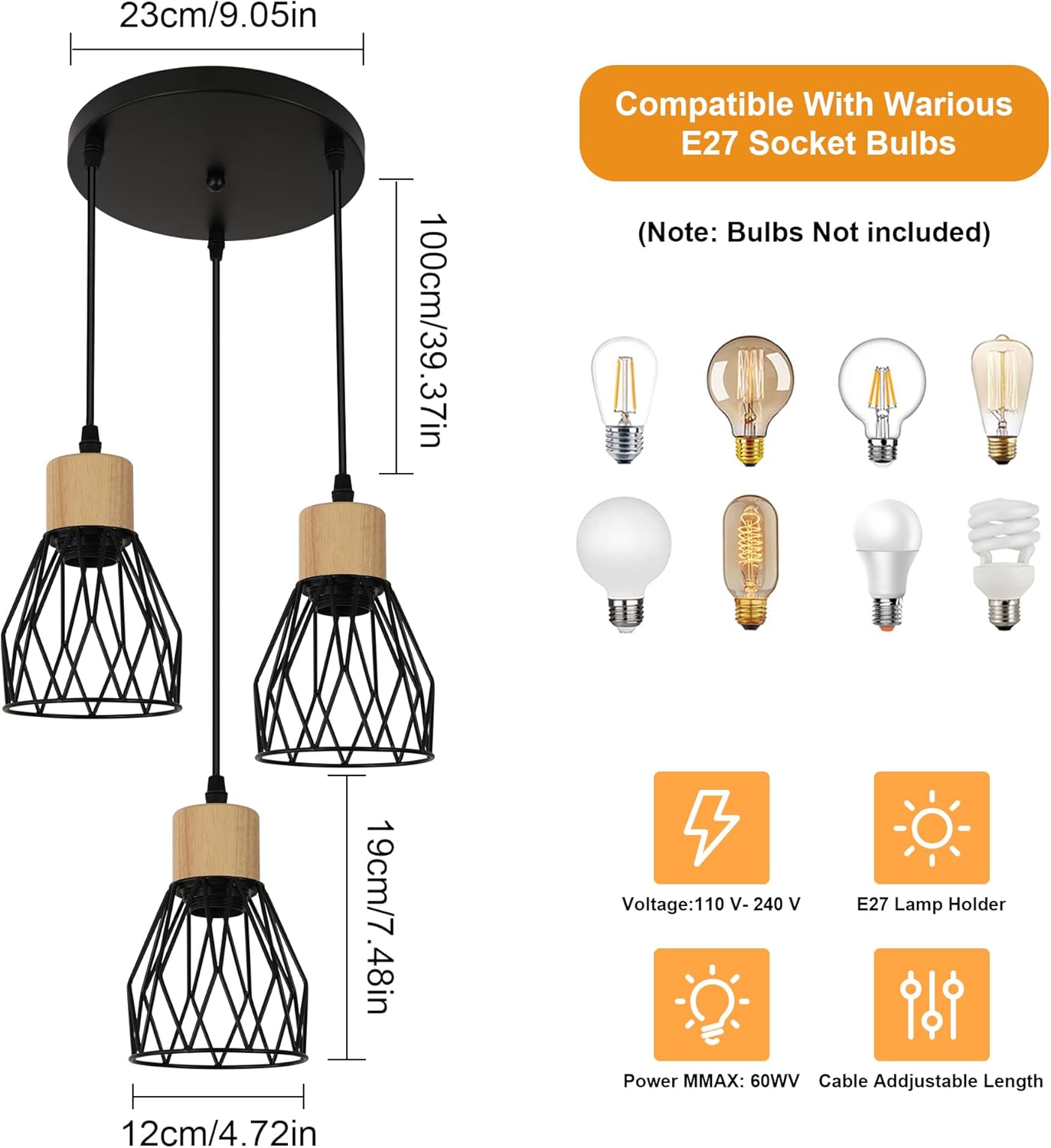 GOECO Suspension en Forme de Diamant avec Trois Abat-jours , Câble Ajustable 1m, Base E27(sans Ampoule) - 3