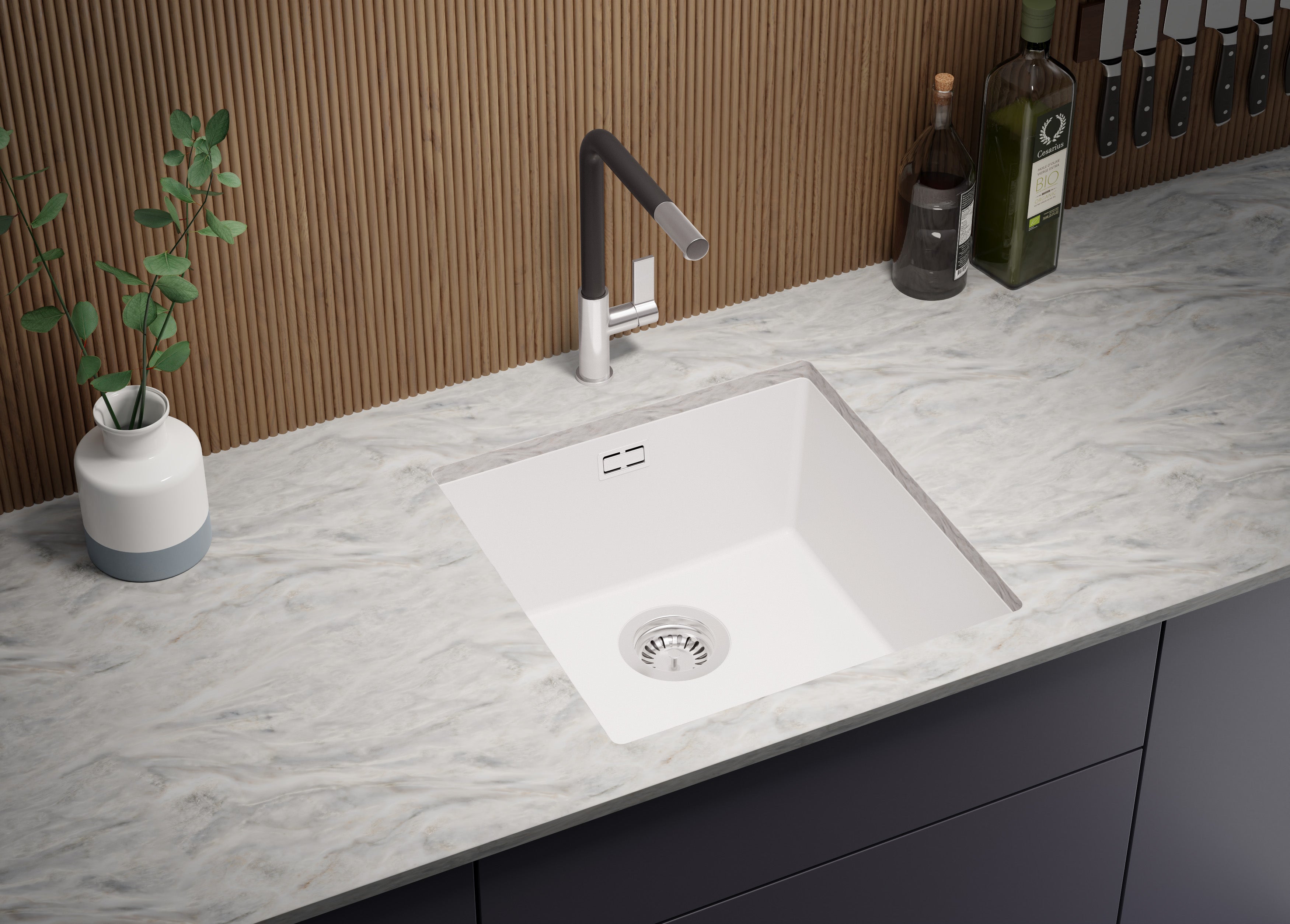 Lavandino sottotop Bianco 46x47cm, Lavello in Granito a 1 vasca + Sifone Classico + Accessori, Lavabo da Cucina al mobile 50cm - London PRIMAGRAN - 2