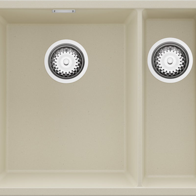Zlewozmywak Beżowy 56x47cm, Zlew Kuchenny 1,5 Komorowy + Syfon, Nablatowy do szafki od 60cm - Londyn Slim Duo PRIMAGRAN