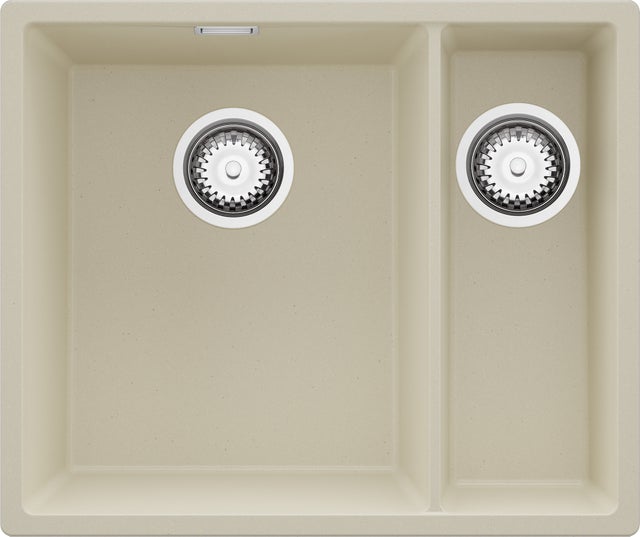 Evier Cuisine en Granit Beige 56x47cm, Lavabo 1,5 bacs + Kit de Vidage, Évier à Encastrer au meuble 60cm - London Slim Duo PRIMAGRAN