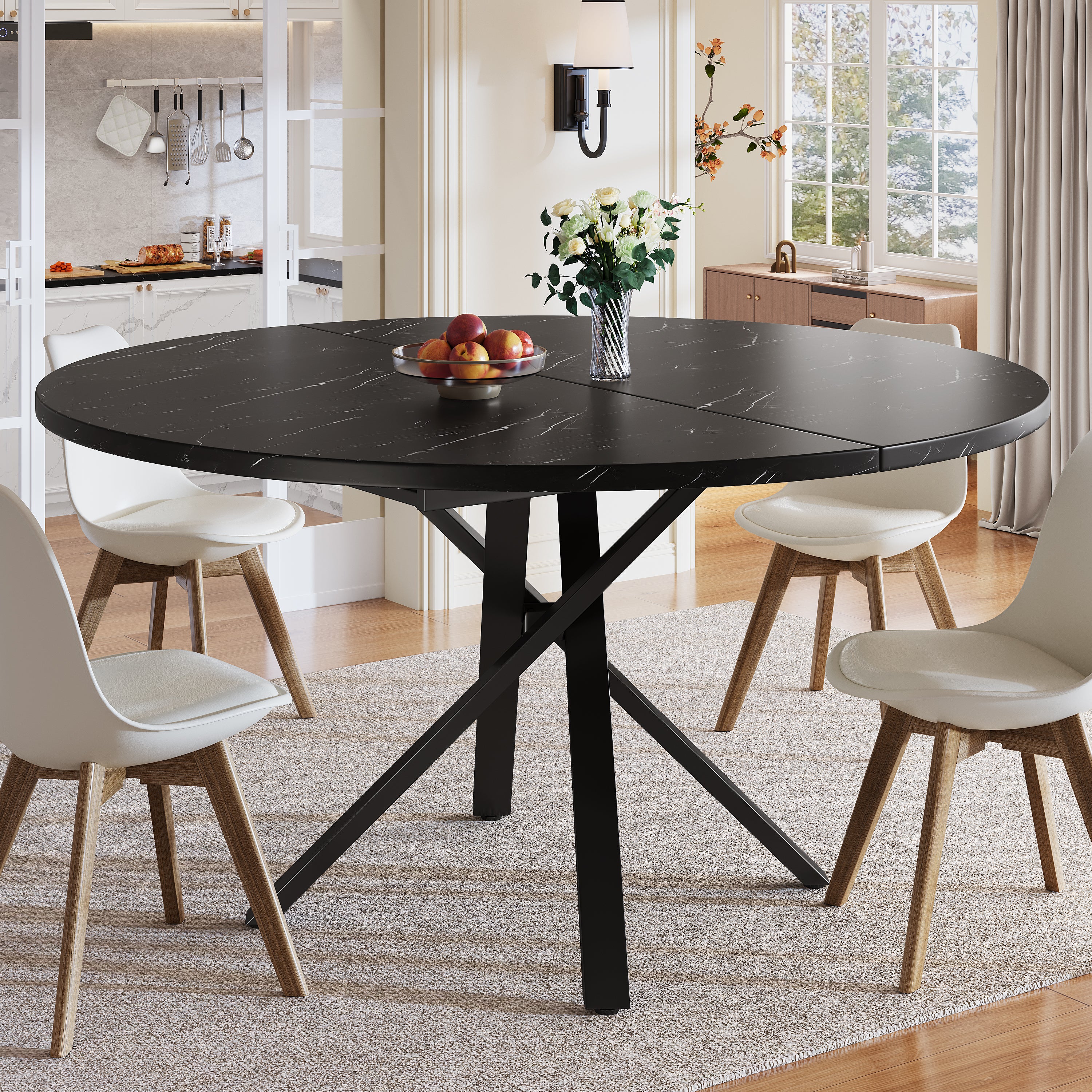 Rozkładany okrągły stół z efektem marmuru, dla 4-6 osób - 100/140 x 75,5 cm - MDF i nogi metalowe - Czarny - 3