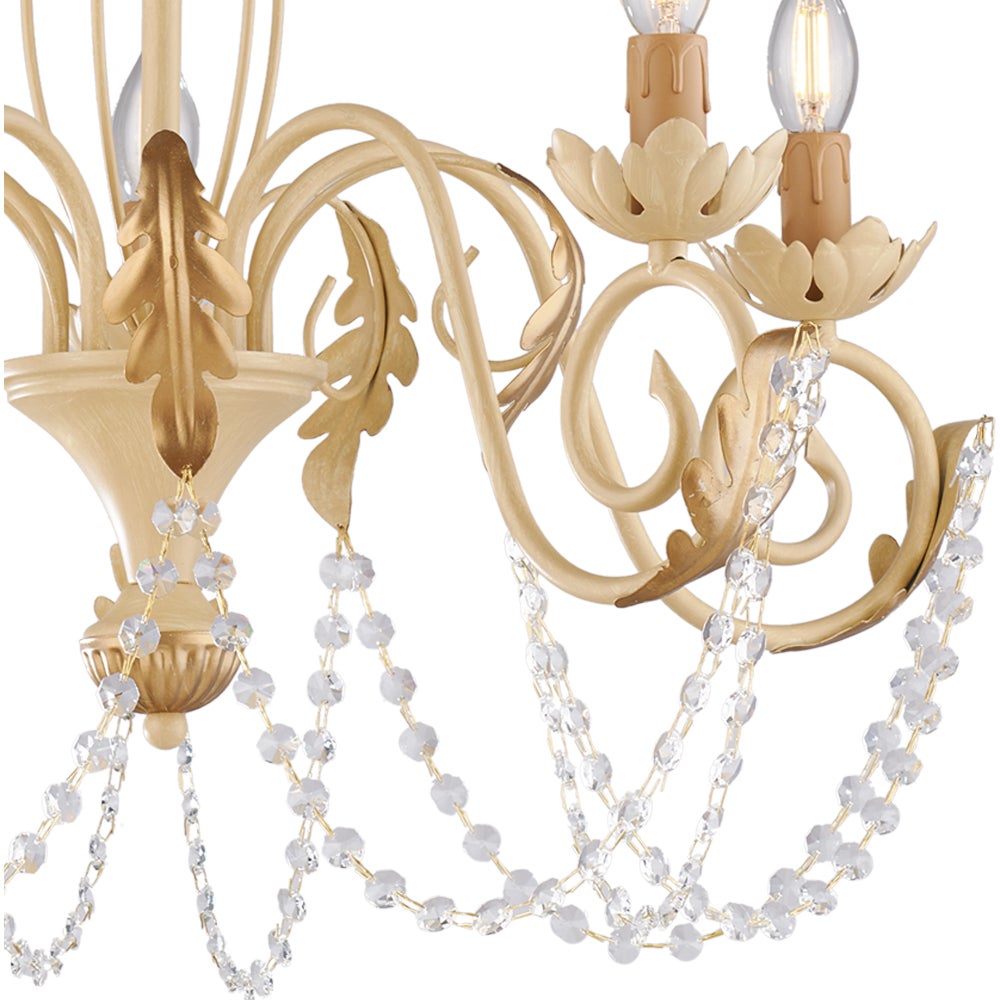 Lustre Damasco fer ivoire, strass cristal, déco or antique effet décapé, 5 lumières d.63 cm ambiance raffinée - 4