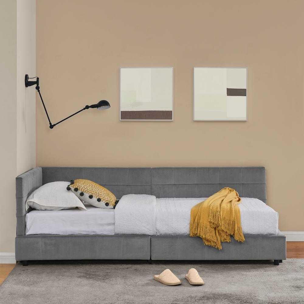 Letto singolo per adulti 90x200 cm, lino beige, con testiera imbottita e rete a doghe - senza