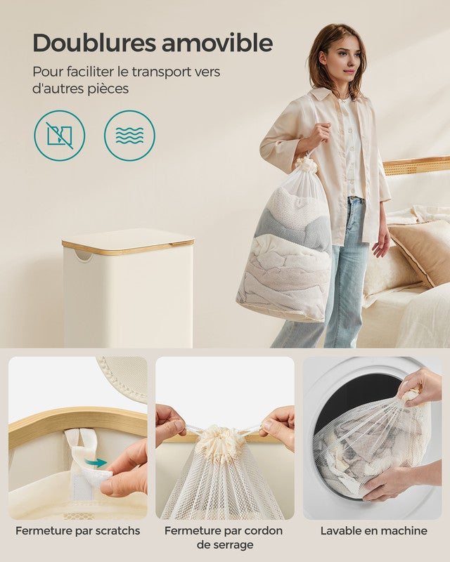 Panier à Linge Mince avec Couvercle, 90L, Gain de Place, Tissu Oxford, Poignées en Bambou, Pliable, 42 x 32 x 70,5 cm, Blanc Crème - 6