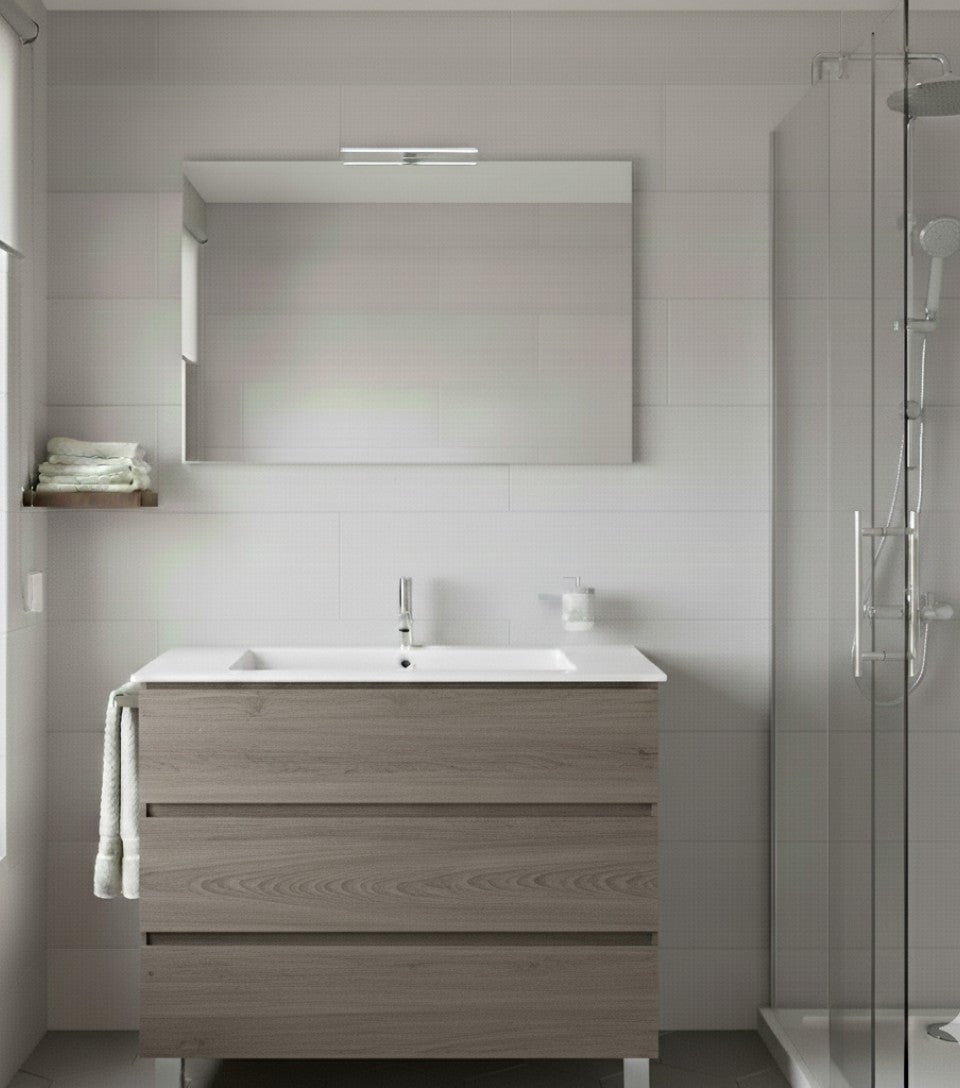 Set Mobilier de baie BALDER Gata Asamblat 3 sertare cu picioare, lavoar și oglindă Stejar smoky 80x45 cm