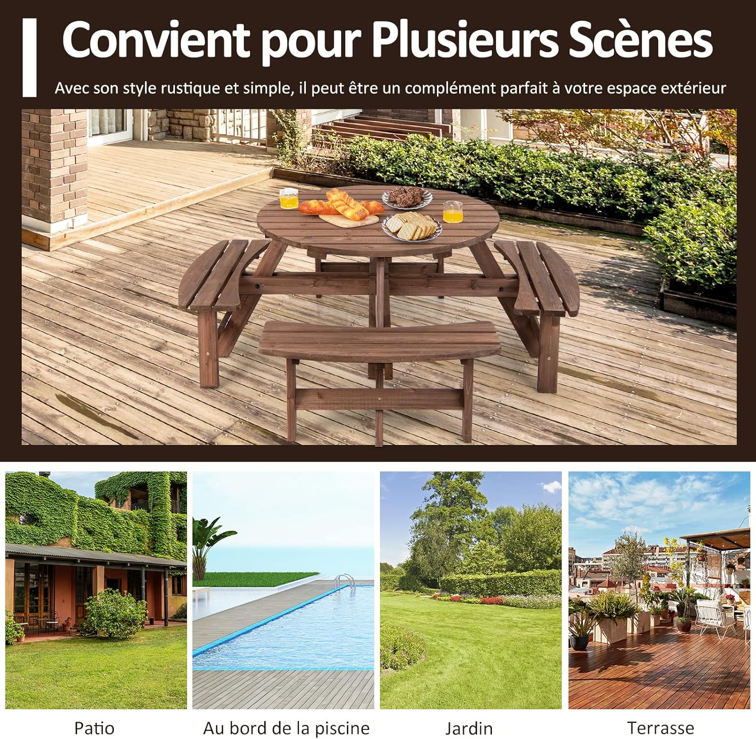 Set Tavolo da Giardino con 4 Panche Integrate, Legno Massiccio, con Foro Ombrellone, per 4-8 Persone, Tavolo Rotondo da Picnic per Esterno, Og - 7