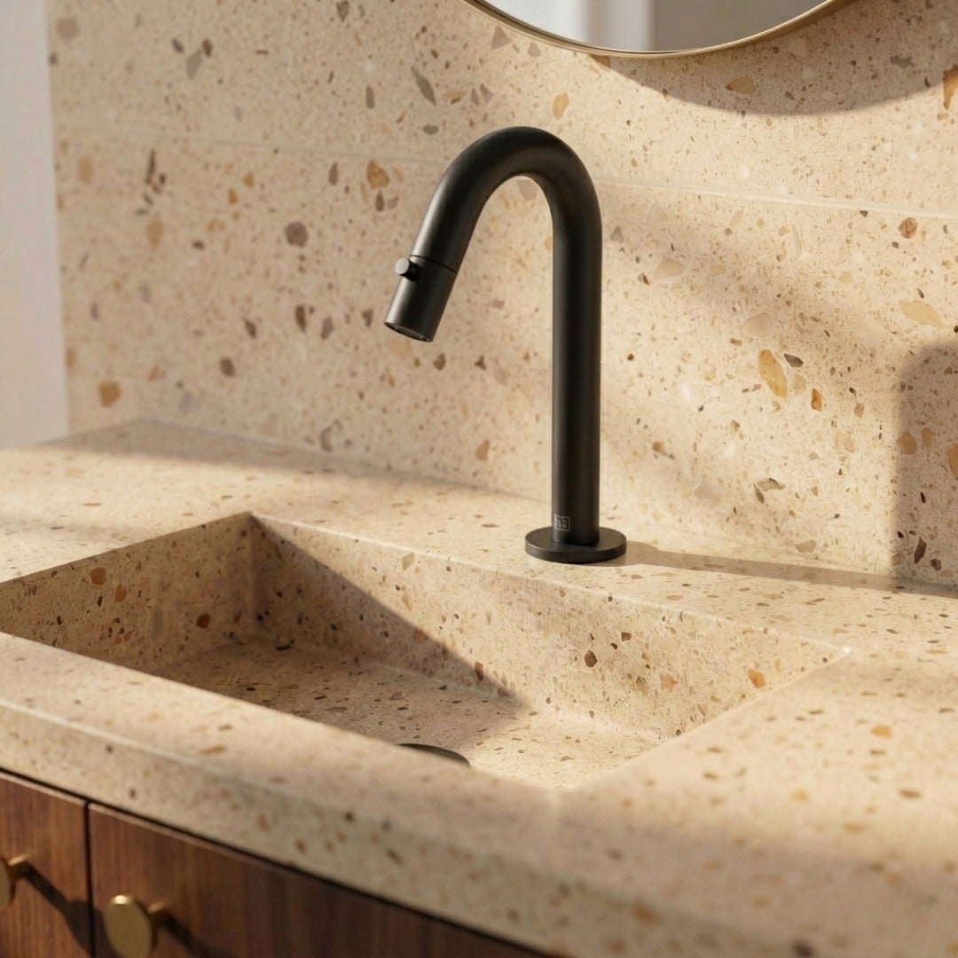 Essebagno Indus Mitigeur Lavabo Bas Noir Manette Rouge - Robinet Salle De Bain Design Industriel