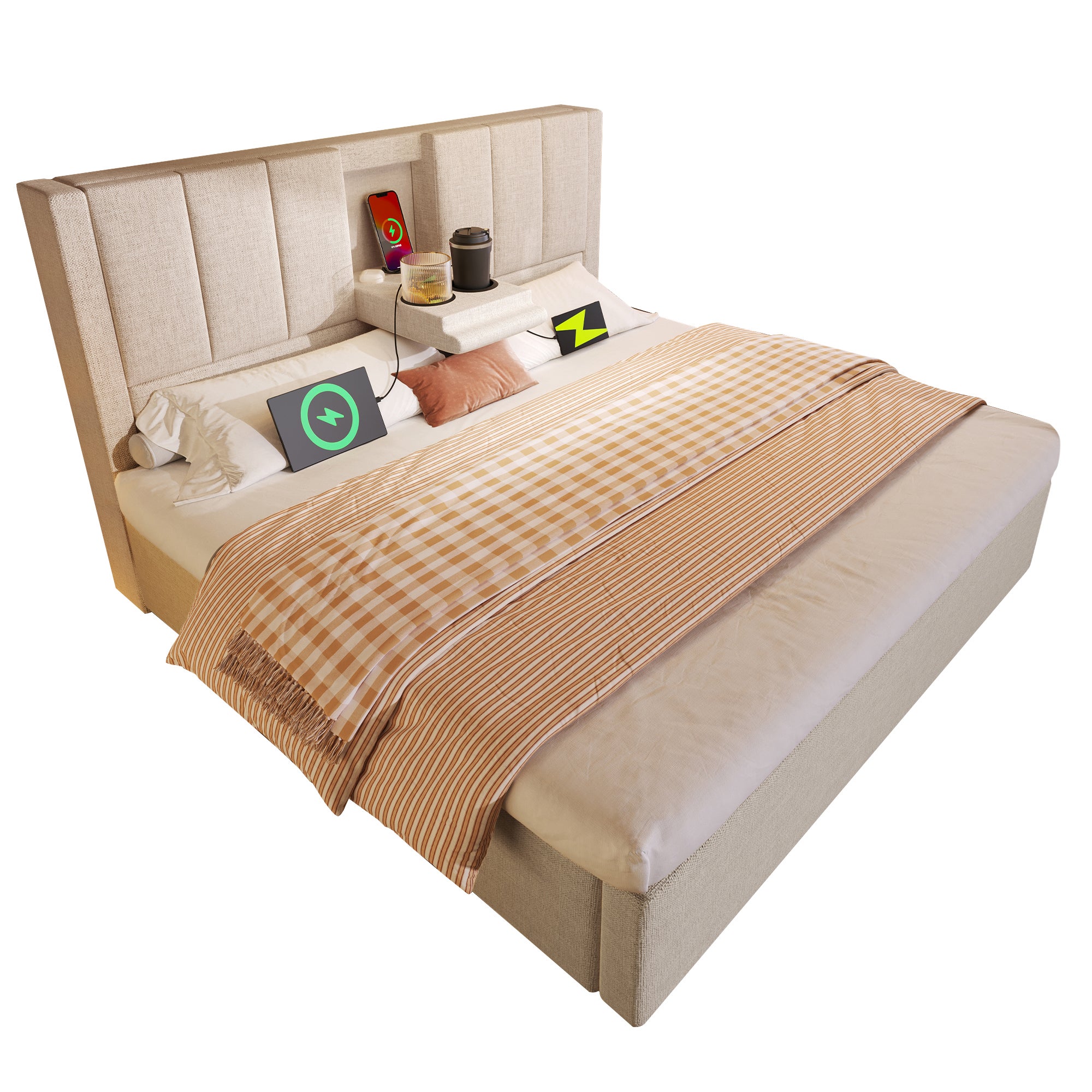 Lit coffre 140 x 190 cm avec porte-gobelet caché et station de charge - Tissu en lin et sommier à lattes - Beige (matelas non inclus) - 6