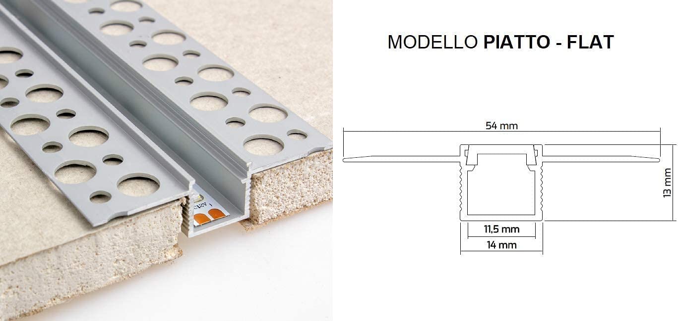 2 Mètres - Profilé Plat pour Ruban Led - Profil Aluminium pour Assemblage de Panneaux Placoplatre Plaque de plâtre - Barre Rail + Coque - 5