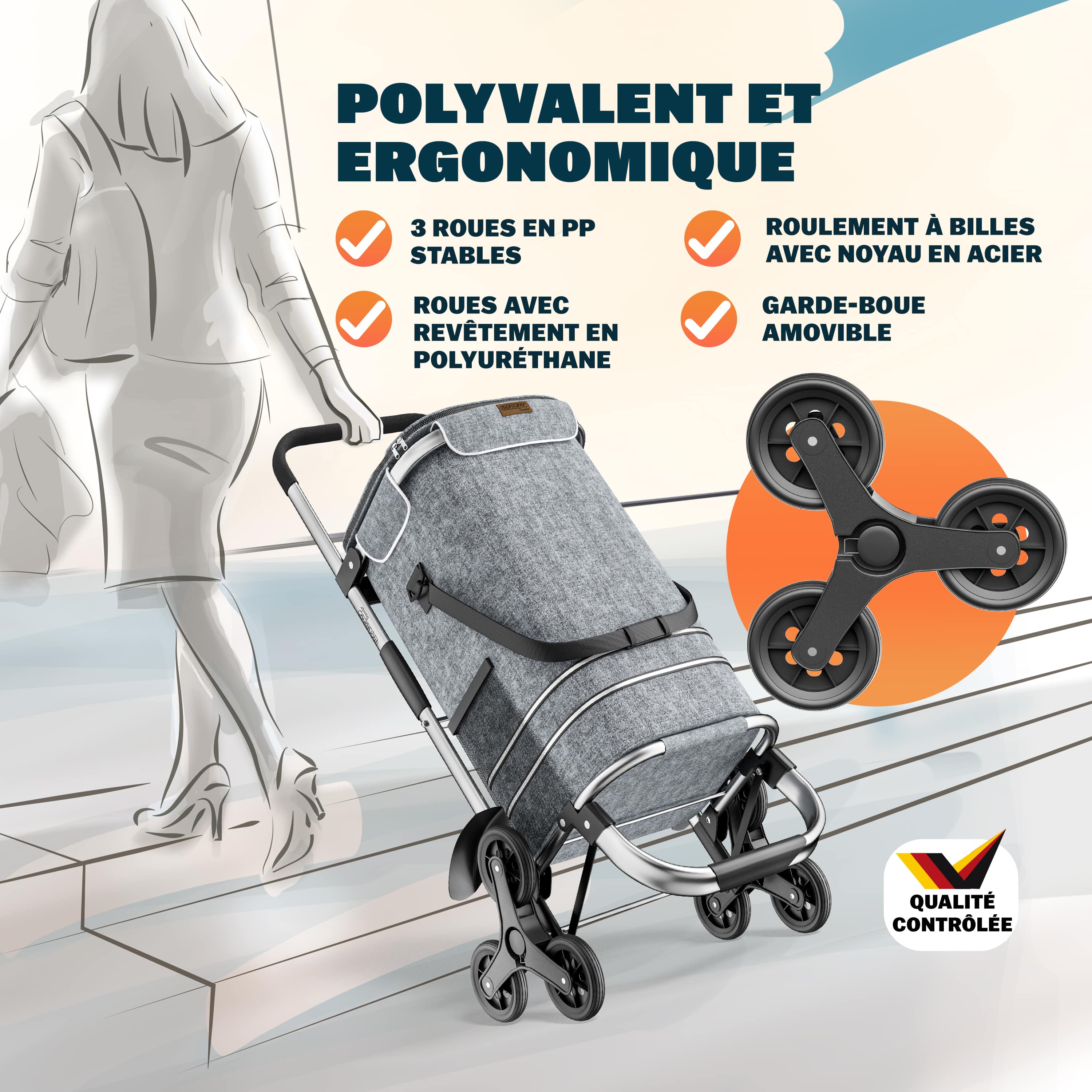 MONZANA® Chariot de courses gris merle 56 litres 3 en 1 pliable compartiment isotherme 6 roues bandes réfléchissantes - 3