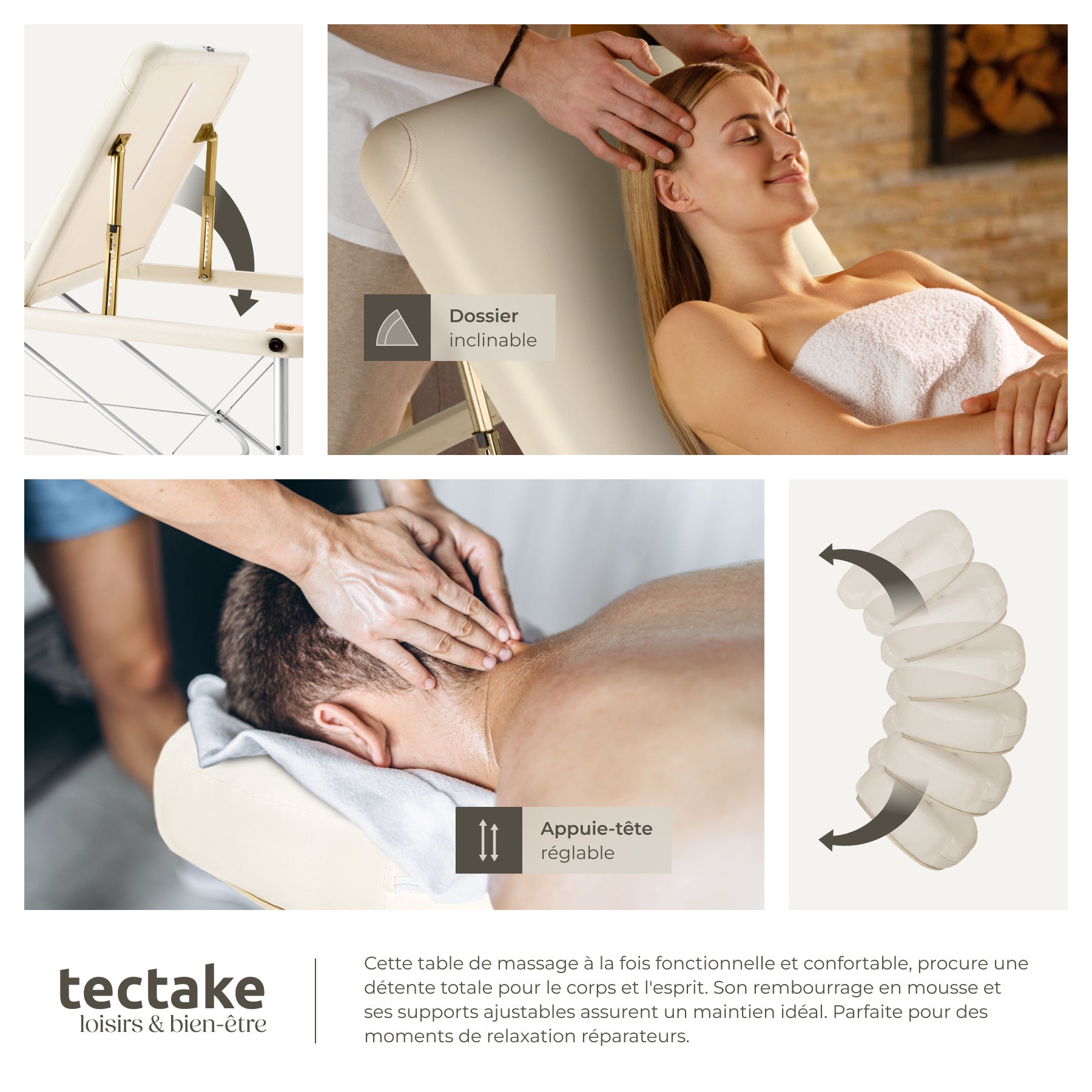 Table de massage en bois, pliante, rembourrage épais, appui-tête amovible, 180 x 61 x 90 cm, beige TECTAKE - 7