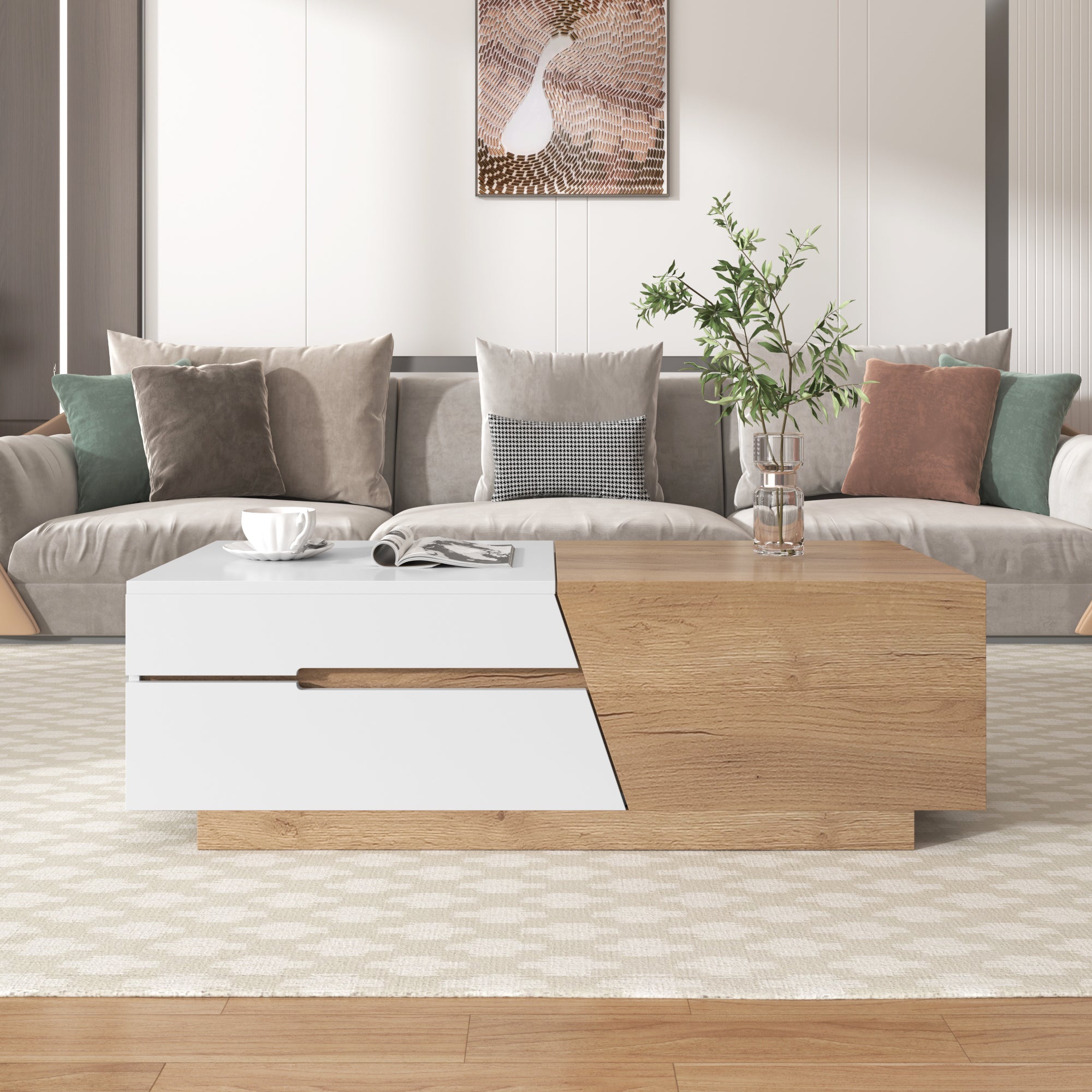 Table basse extensible avec 2 tiroirs - 120 x 50 x 37.5 cm - Panneaux de particules - Blanc + naturel - 3