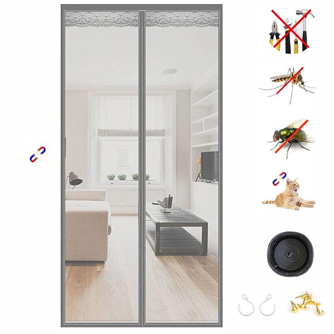 Drzwi magnetyczne, moskitiera z paskami samoprzylepnymi, pinezkami i haczykami, samoprzylepna moskitiera, 90 x 210 cm