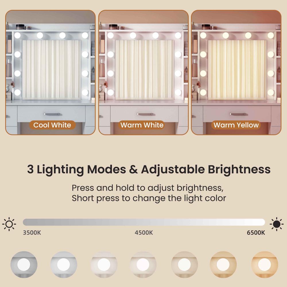 Coiffeuse Blanche 110×40×145 cm avec Miroir LED 10 Lumières, USB, Sgabello et Support Sèche-Cheveux - 3