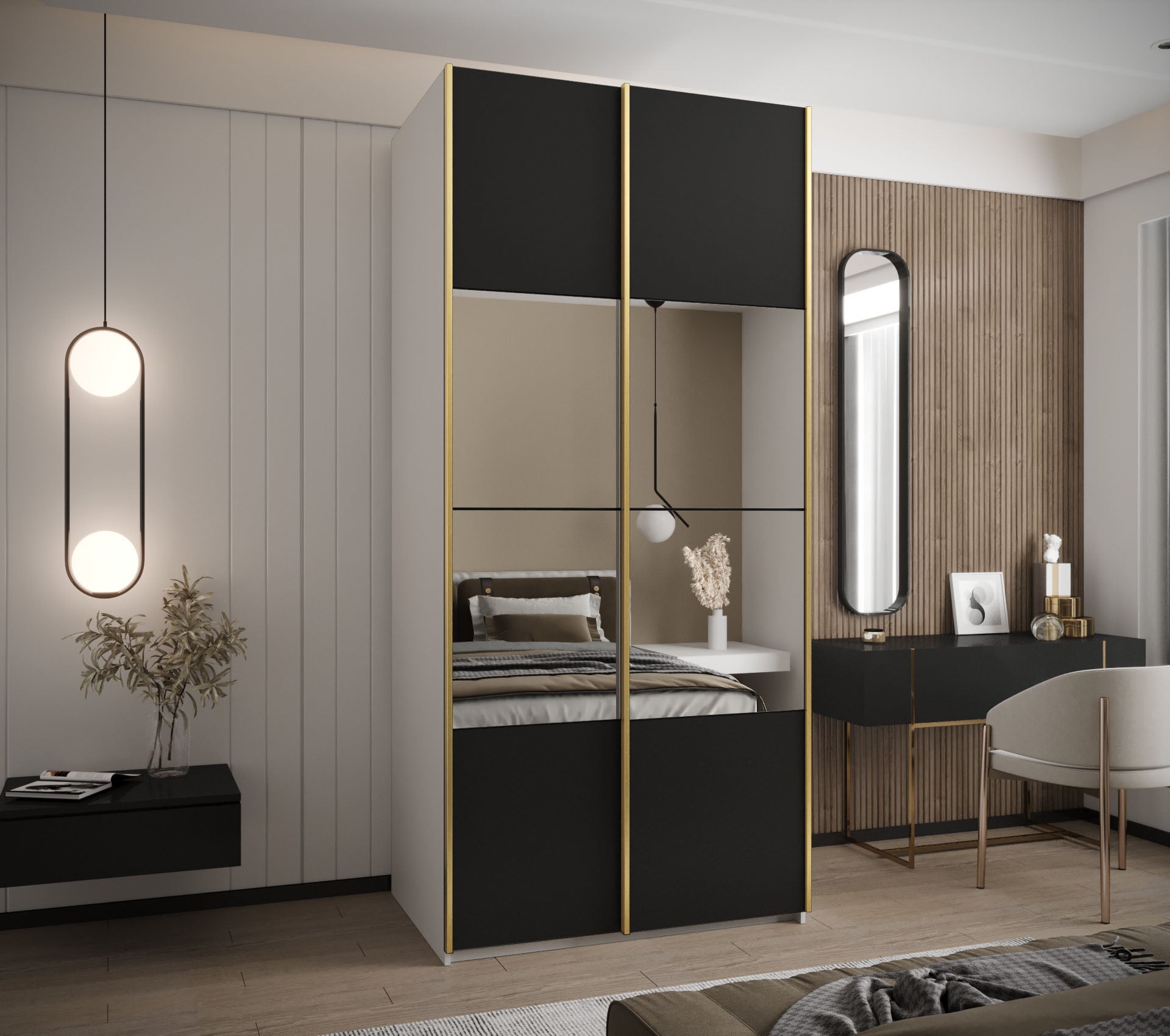 Szafa przesuwna wysoka Lux 4 120 x 64 x 245,5 cm biały + czarny + u. złoty - Abiks Meble - 2