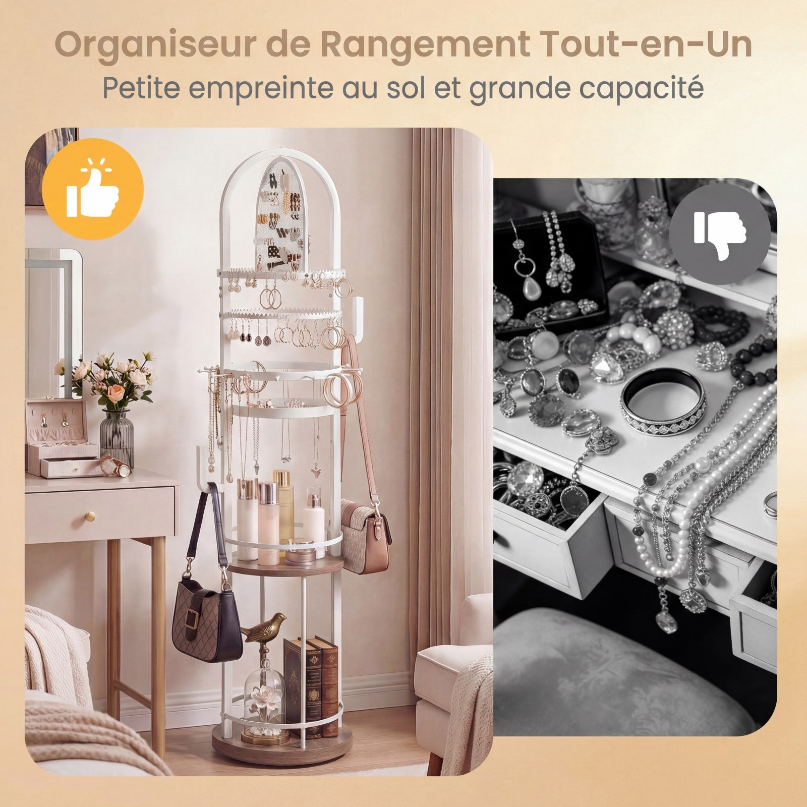Support de Bijoux sur Pied Rotatif à 360° , Présentoir à Bijoux avec Porte-Boucles d'Oreilles, Colliers et 3 Étagères, Arbre de Rangement, Gris - 5