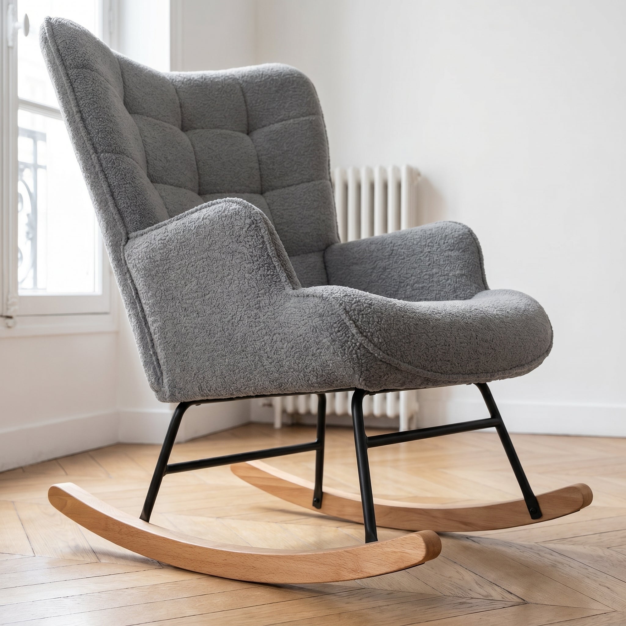 Fauteuil à Bascule, Rocking Chair d'Allaitement - Structure en métal et pieds bois massif, Maximale : 150 kg, Tissu Peluche Teddy, Gris, 75x68x92 cm - 8