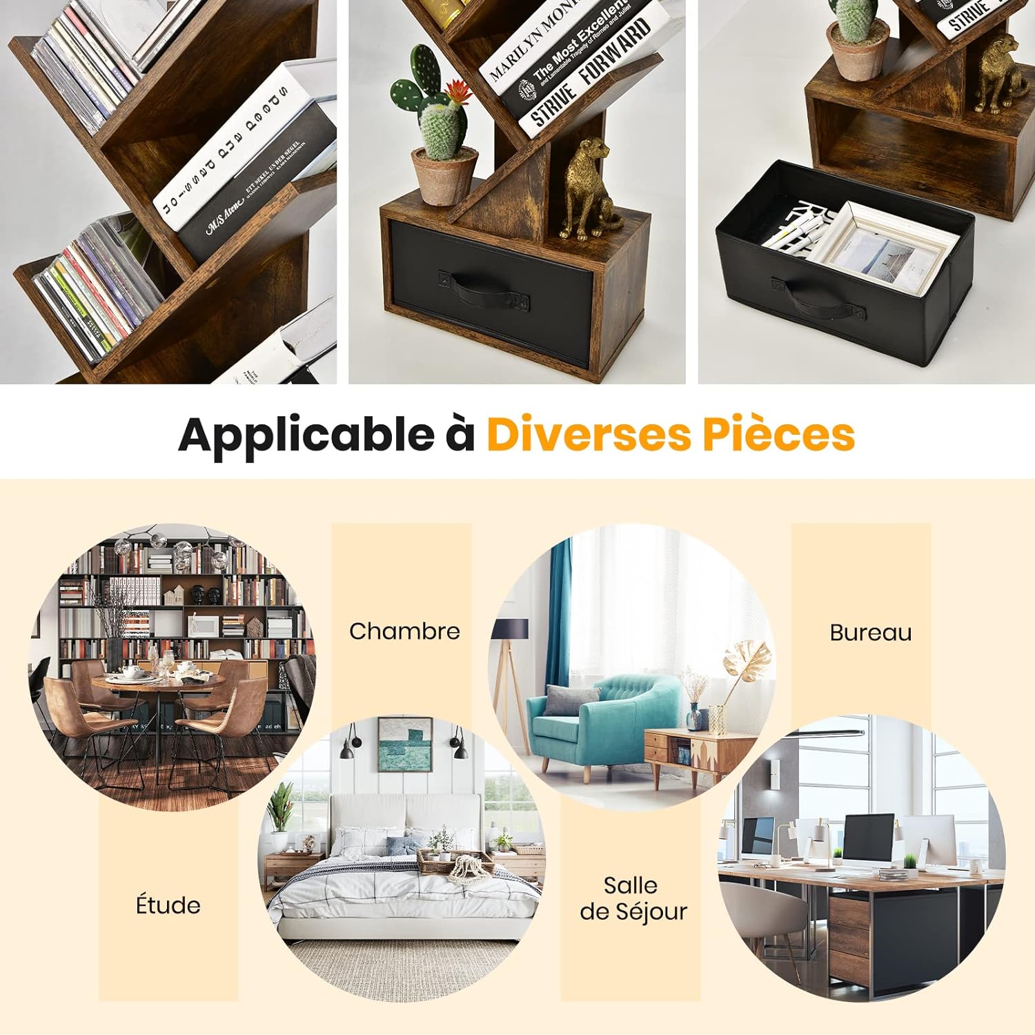 Libreria ad Albero a 10 Ripiani, Cassetto con Maniglia, Scaffale Espositore Stretto e Multiuso, Organizer per Libri, CD e Ornamenti, Arredo per - 4