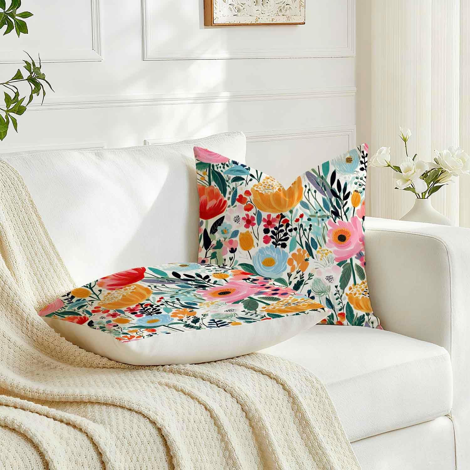 Housse Coussin 45x45 Florale Aquarelle Bleu Housses de Coussin Printemps Décoratif Été Extérieur Taie Oreiller de Canapé, Lot de 2 - 3