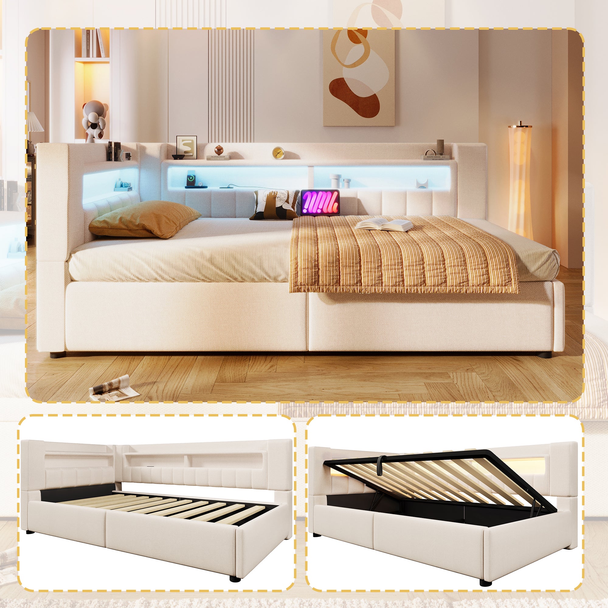Łóżko z pojemnikiem 90 x 200 cm, z przegródkami i portem USB/typu C, rozkładana sofa - tkanina lniana - beżowy (materac nie jest wliczony w cenę)