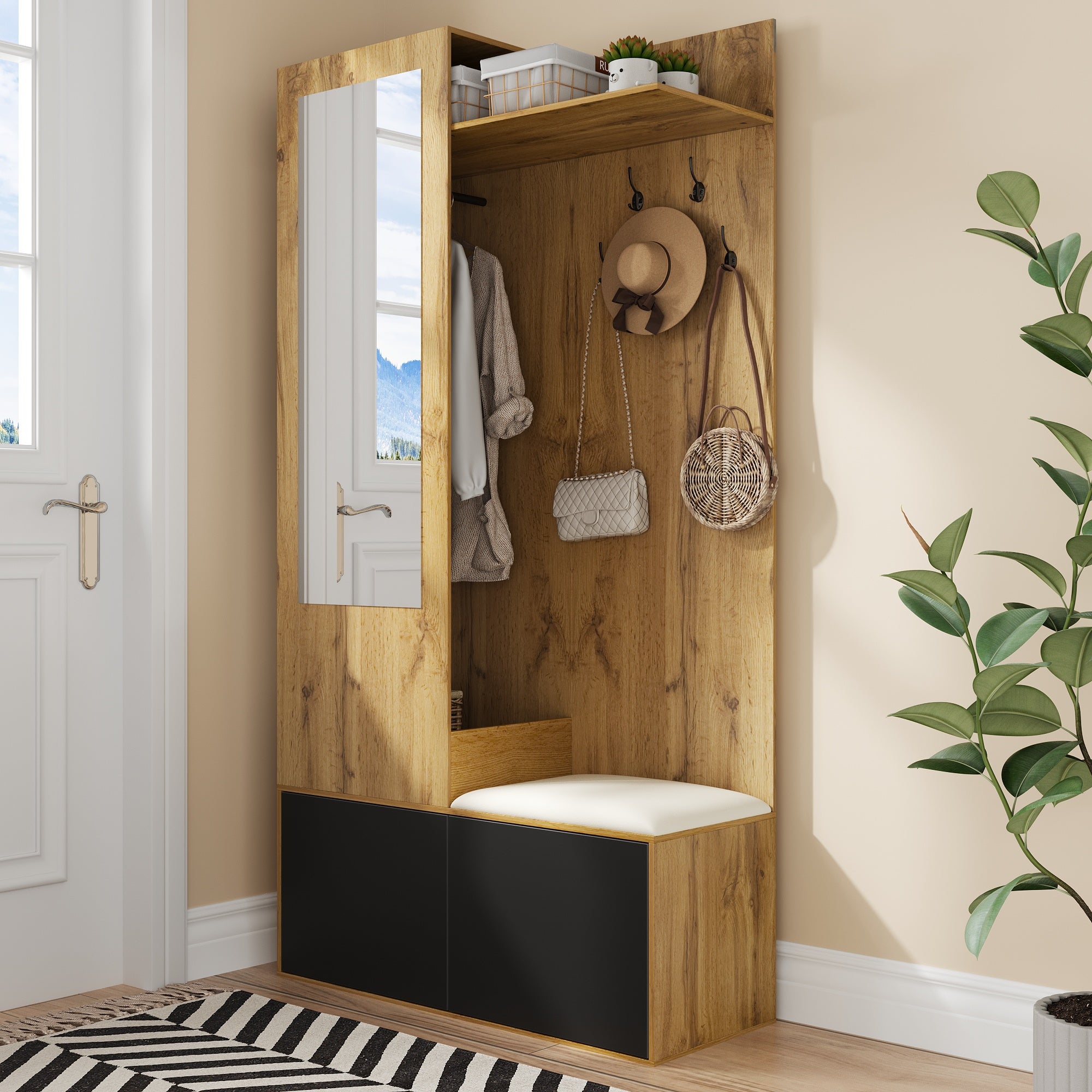 Ensemble meuble à chaussures avec banc + miroir + armoire ouverte - 100 L x 38 l x 191 H cm - 2 portes - MDF - Naturel + noir - 8