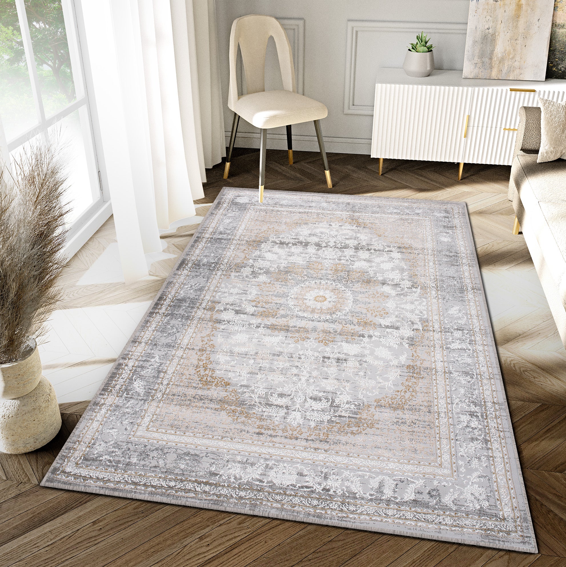 Tapiso hera alfombra de pelo corto brillante efecto 3d gris beige crema diseño tradicional mandala oeko-tex 120 x 170 cm