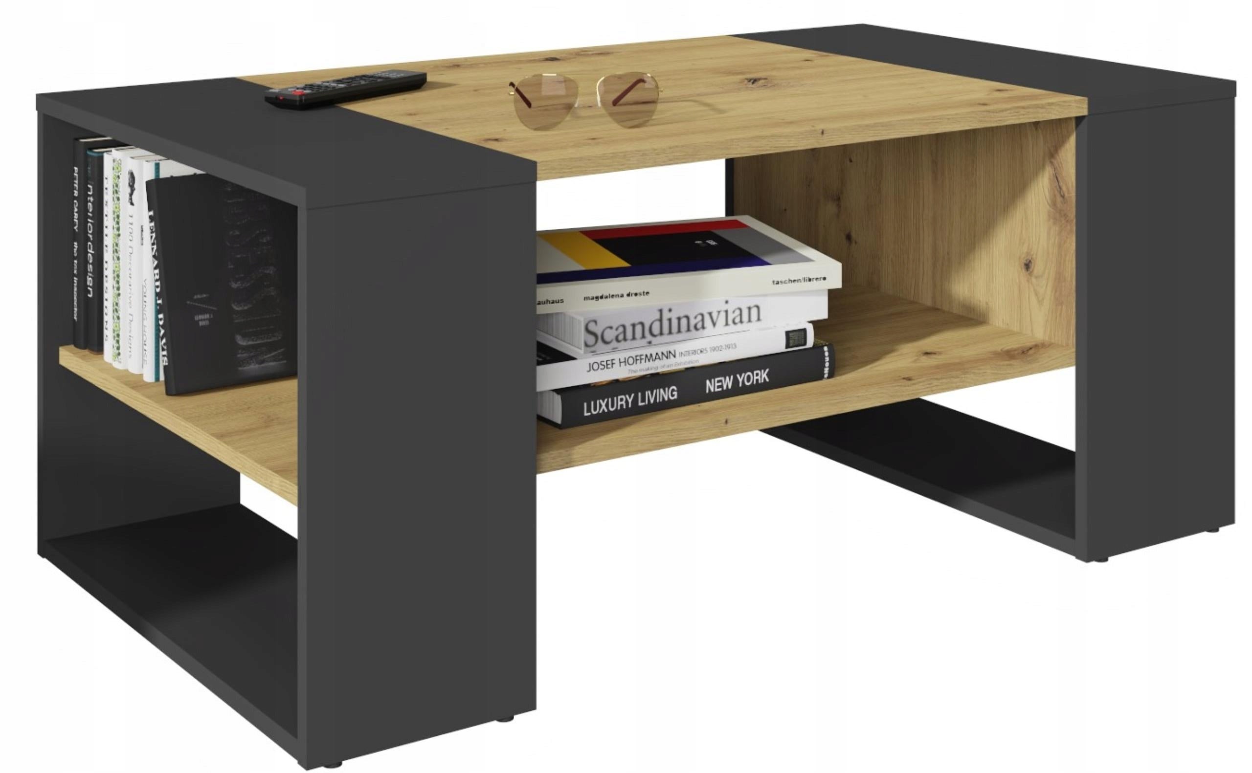 Ława MENO dąb wotan-czarny z pojemną półką stolik kawowy 100cm loft retro