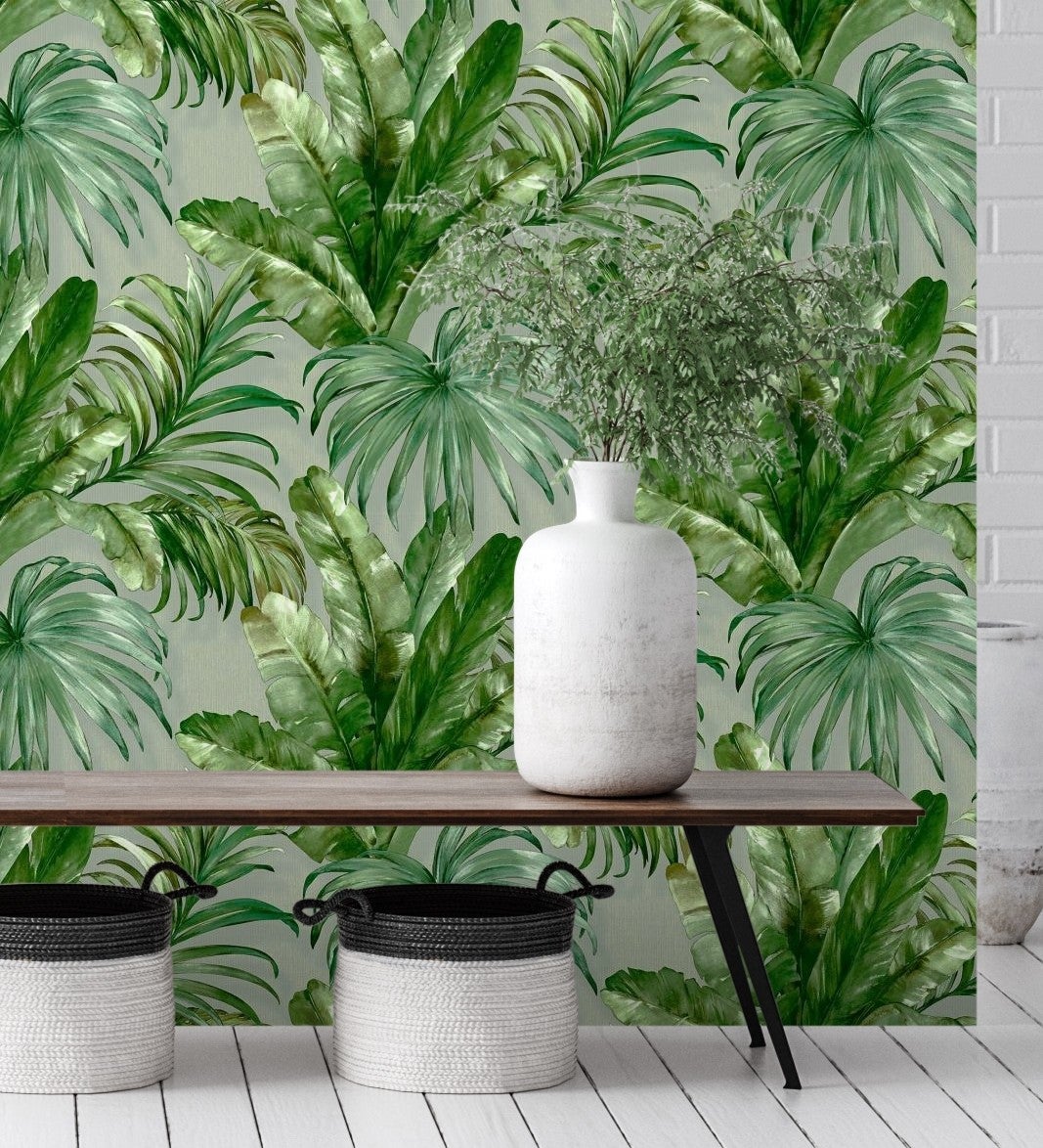 Muestra din a4 de papel pintado vinílico lavable tropical hojas plantas verde gris textura óleo - habana tropical 676368 de gaulan