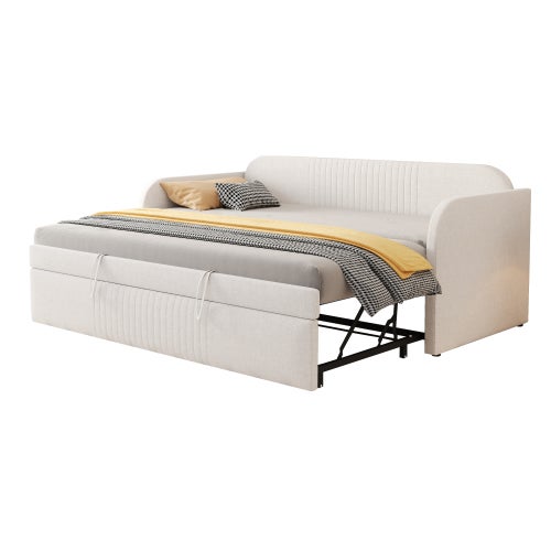 Canapé-lit Rembourré 90/180x190 Cm - Multifonction, Rayures Verticales, Tissu Lin, Sommier Lattes (beige, Sans Matelas) - 13
